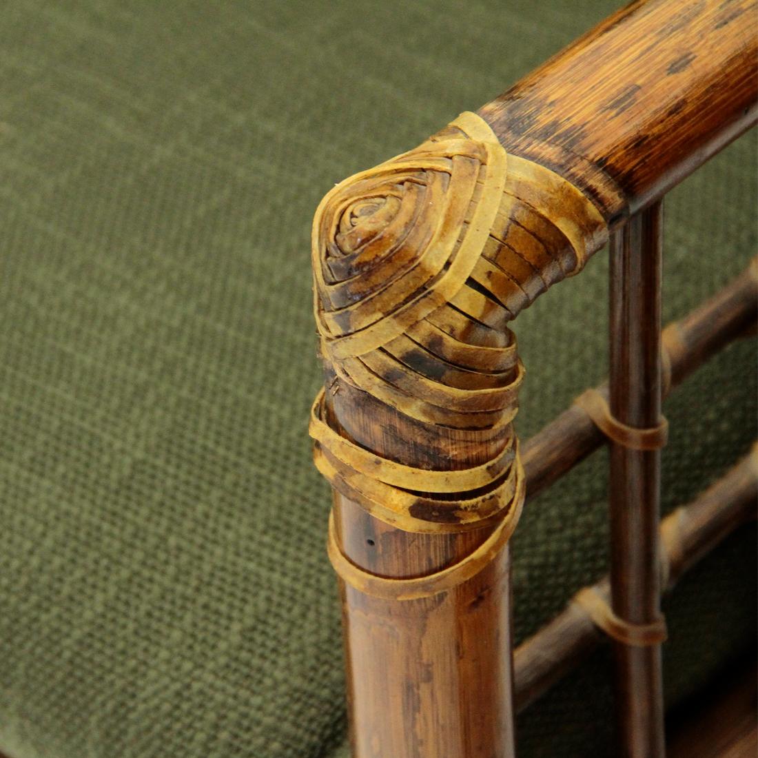 2 Italian Armchairs and Sofa in Woven Rattan and Green Fabric, 1970s 2