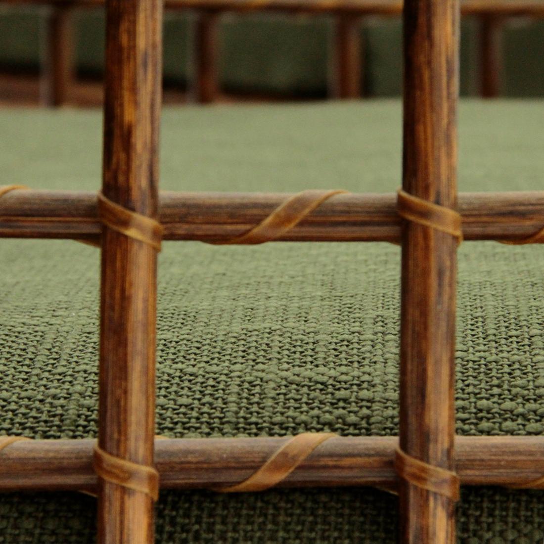 2 Italian Armchairs and Sofa in Woven Rattan and Green Fabric, 1970s 3