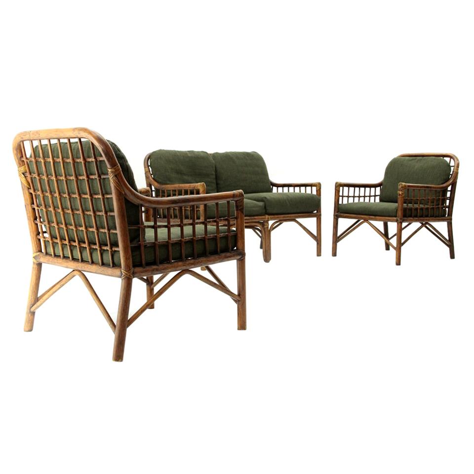 2 Italian Armchairs and Sofa in Woven Rattan and Green Fabric, 1970s