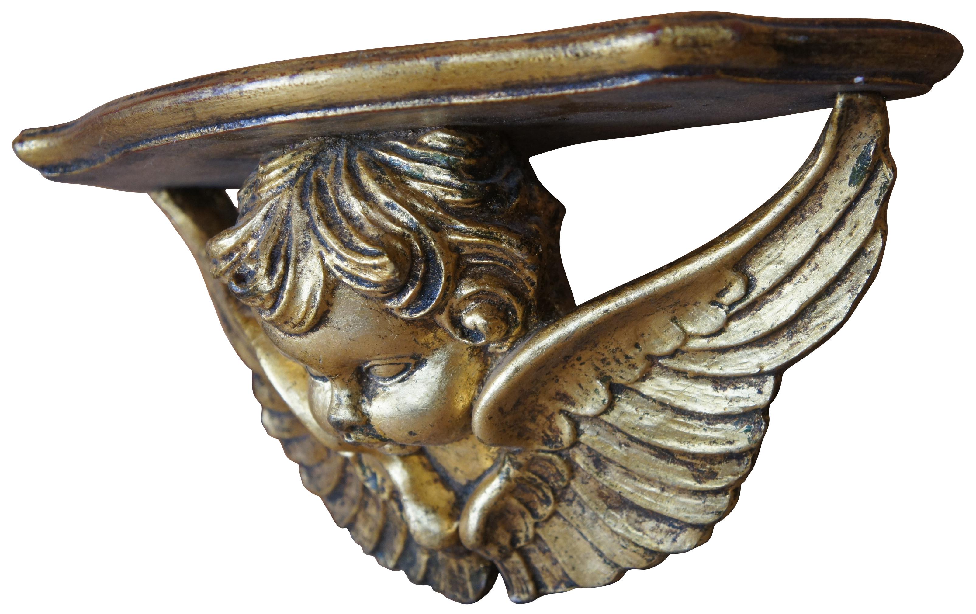 2 Italian Florentine Rococo Gold Gilt Winged Cherub Angel Bust Shelf Sconces In Good Condition For Sale In Dayton, OH