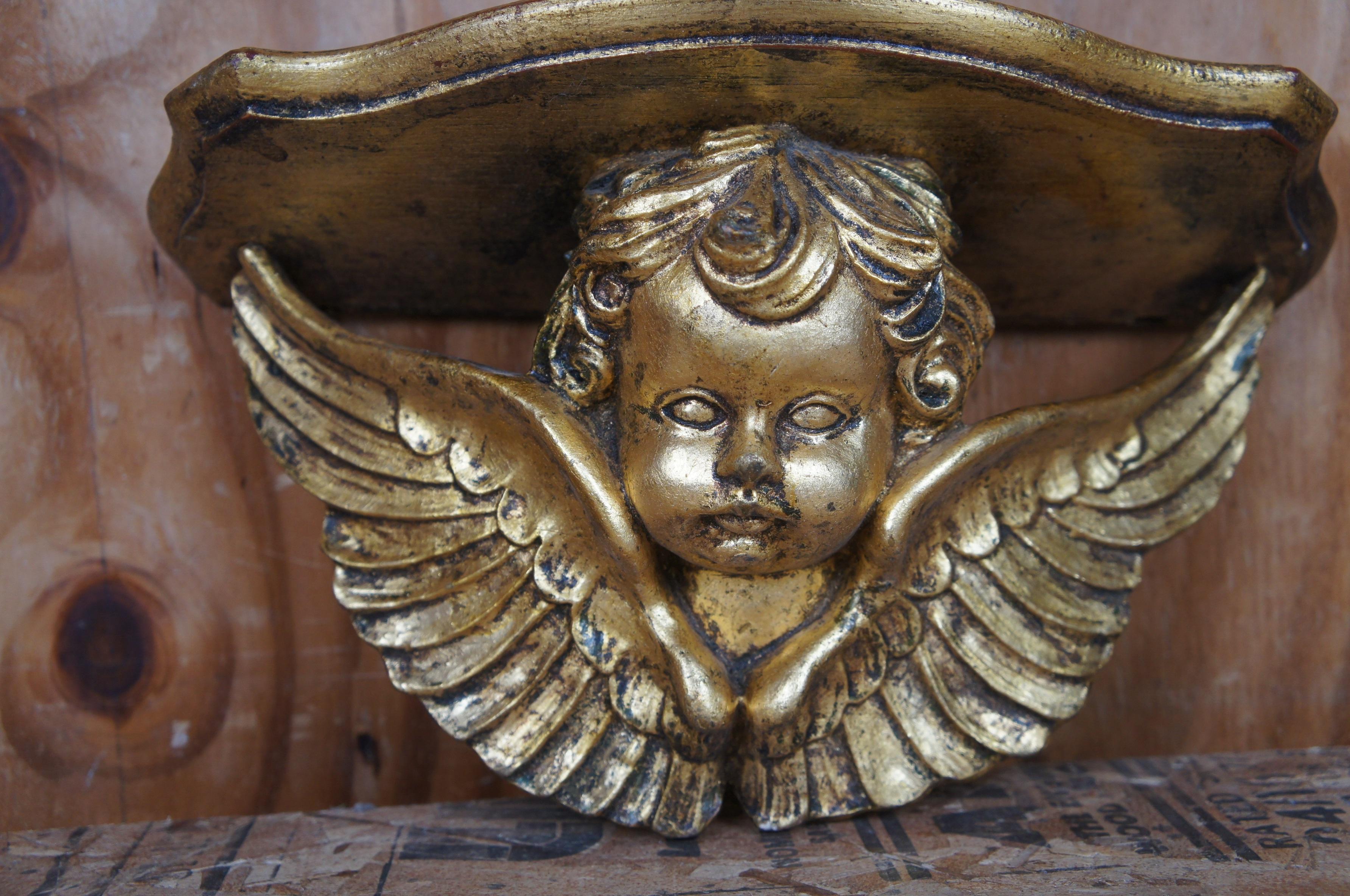 20th Century 2 Italian Florentine Rococo Gold Gilt Winged Cherub Angel Bust Shelf Sconces For Sale
