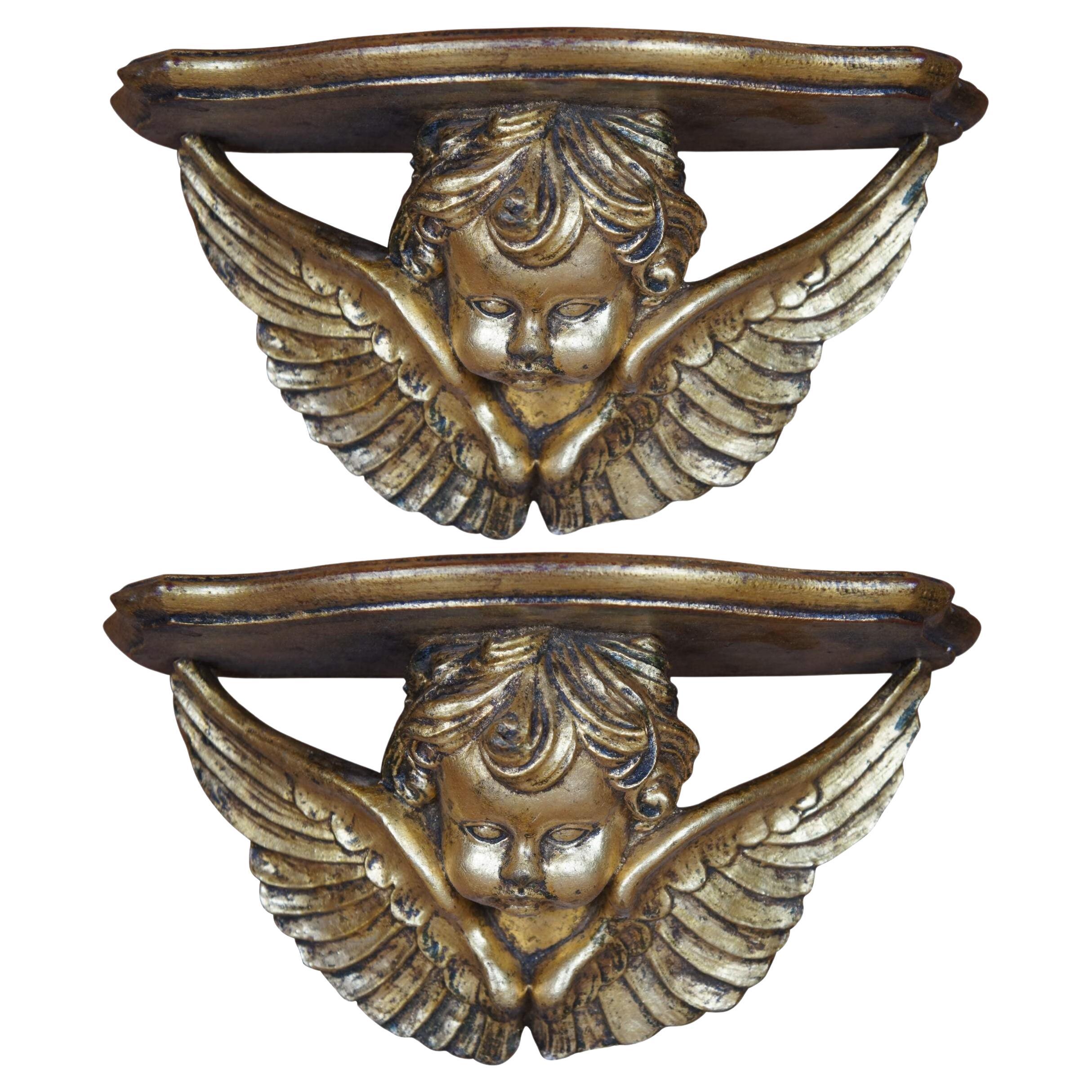 2 Italian Florentine Rococo Gold Gilt Winged Cherub Angel Bust Shelf Sconces For Sale