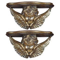 2 Italian Florentine Rococo Gold Gilt Winged Cherub Angel Bust Shelf Sconces