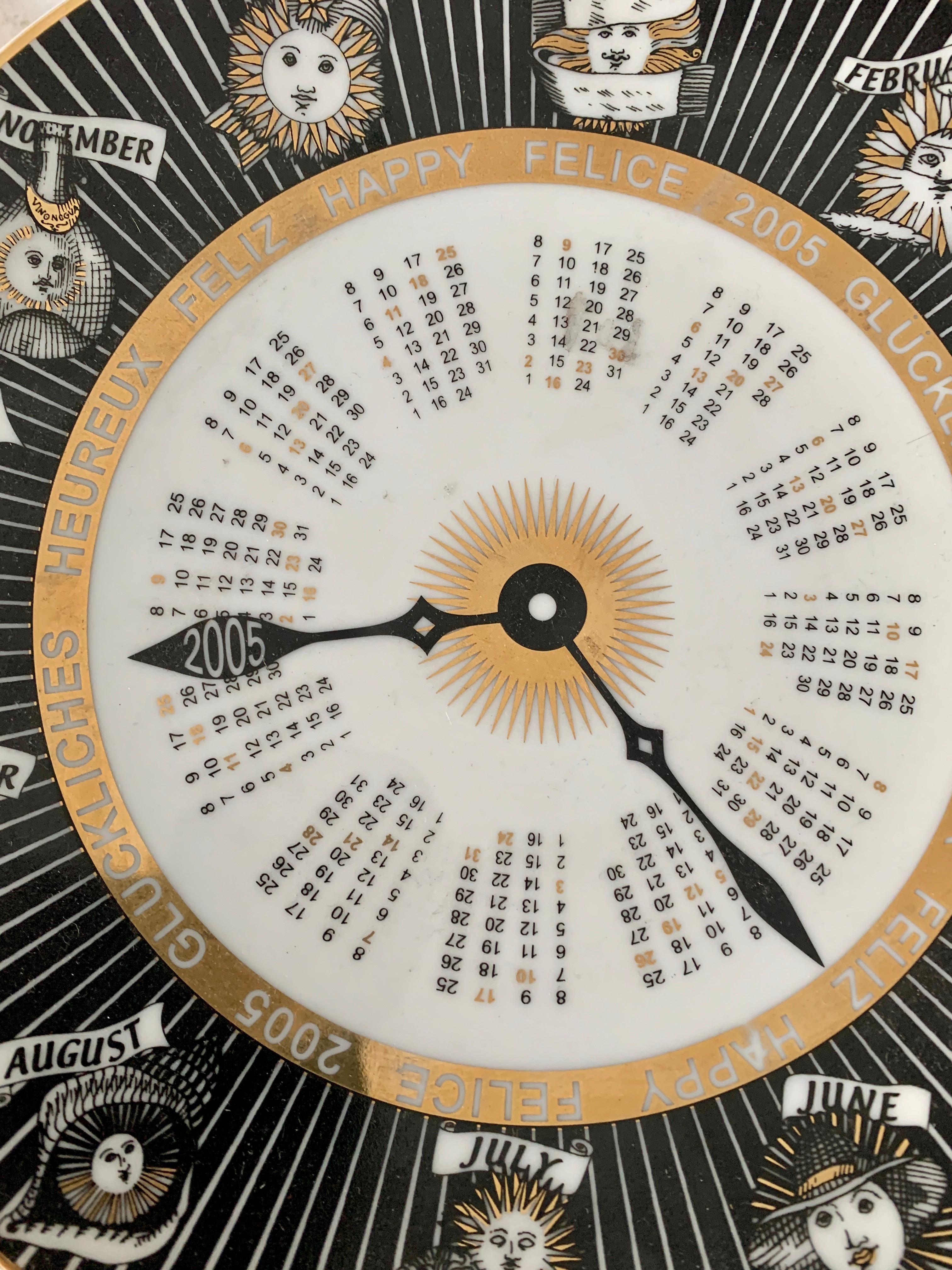 Pair of Italian Fornasetti signed and numbered calendar astrological plates - the plates are Classic Piero Fornasetti - A wonderful design, indicating all 12 horoscopes and calendar. Each plate has pre-drilled holes for hanging. Hand finished in