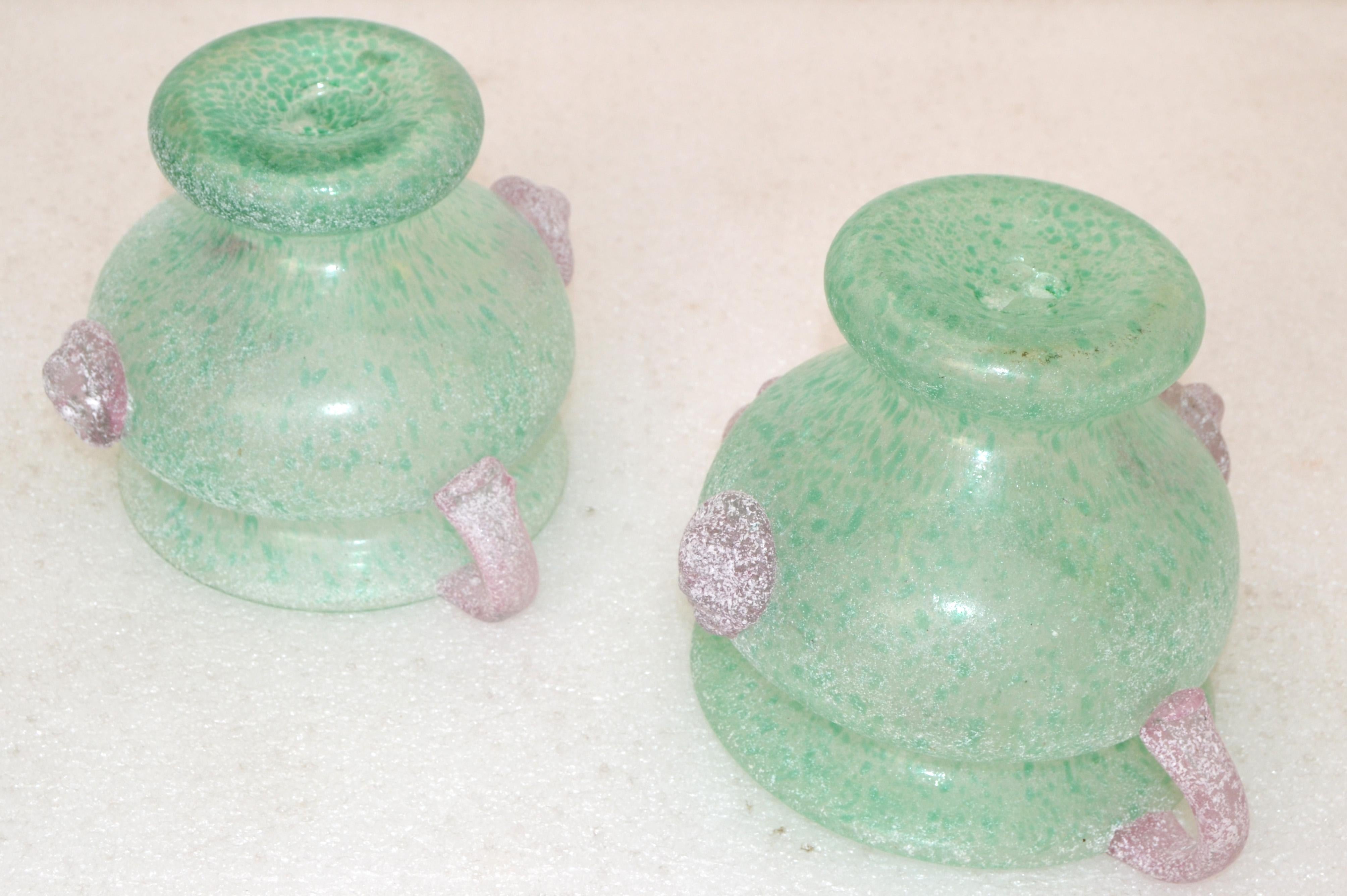 2 Italian Frosted Pink & Mint Green Scavo Glass Wheat Vases, Vessel, Italy 1980 For Sale 3