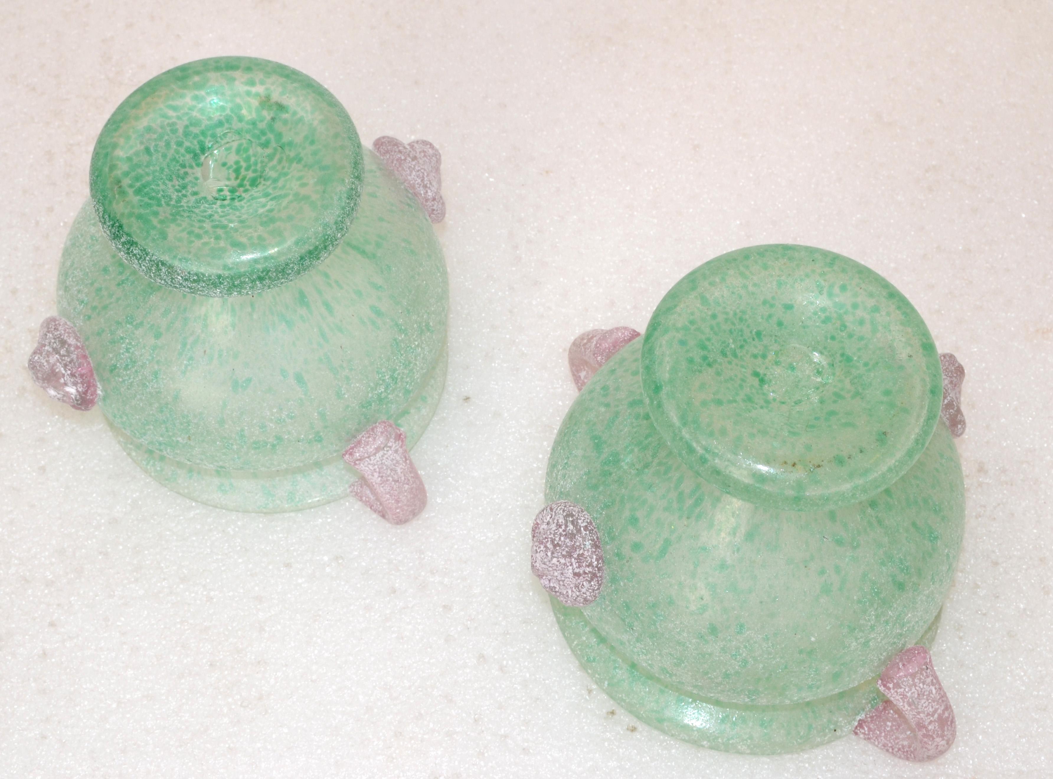 2 Italian Frosted Pink & Mint Green Scavo Glass Wheat Vases, Vessel, Italy 1980 For Sale 4