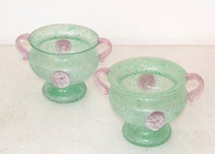 2 Italian Frosted Pink & Mint Green Scavo Glass Wheat Vases, Vessel, Italy 1980