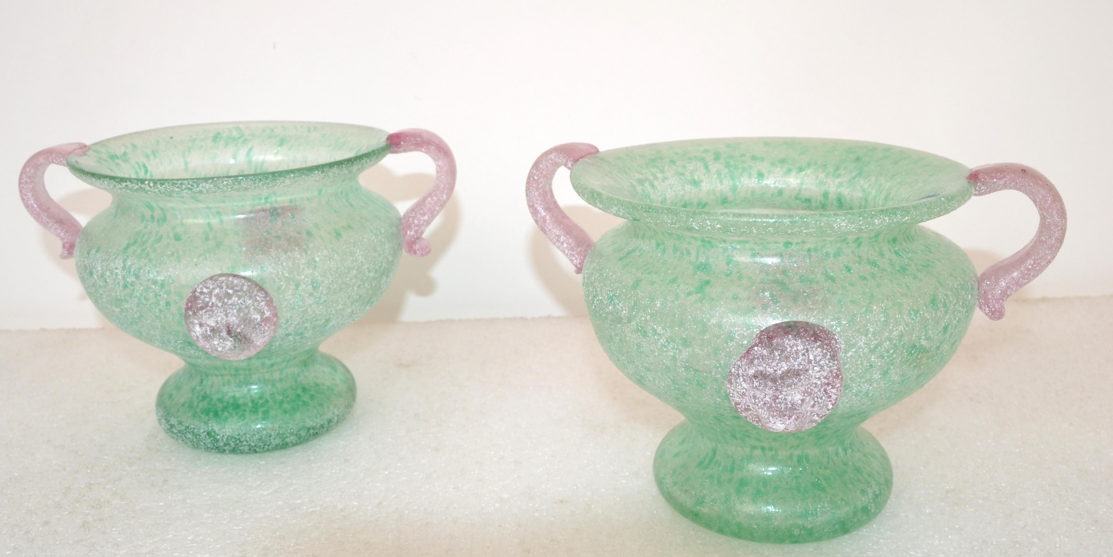Mid-Century Modern 2 Italian Frosted Pink & Mint Green Scavo Glass Wheat Vases, Vessel, Italy 1980 For Sale