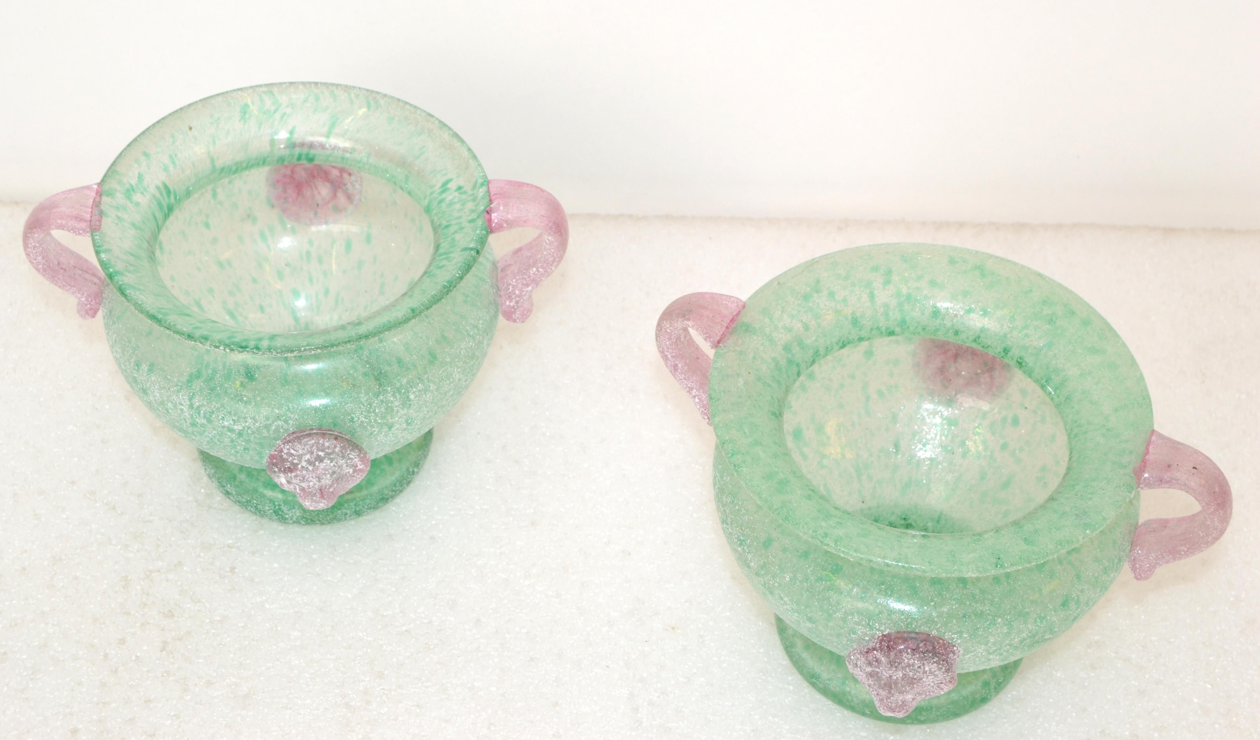 Hand-Crafted 2 Italian Frosted Pink & Mint Green Scavo Glass Wheat Vases, Vessel, Italy 1980 For Sale