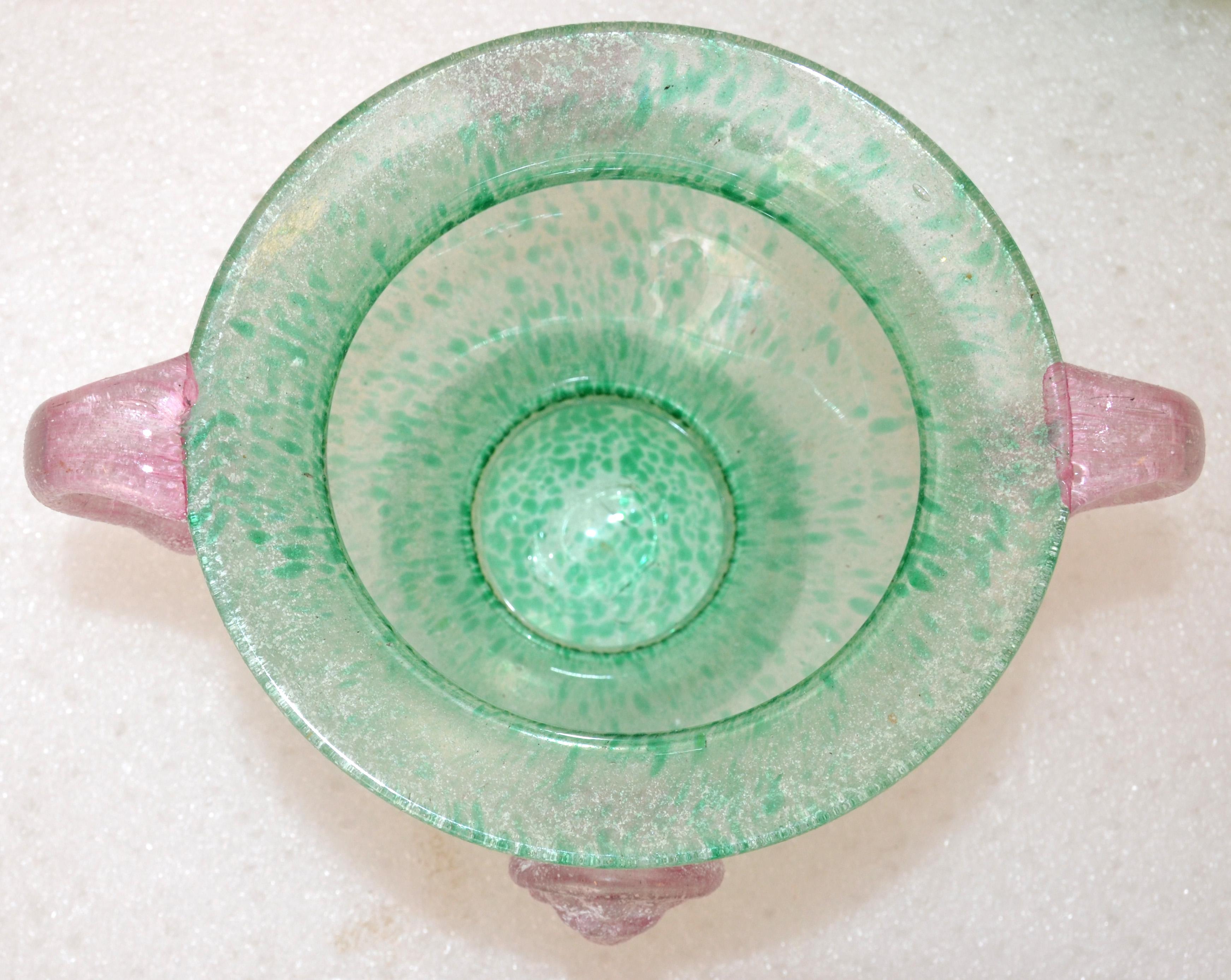 Murano Glass 2 Italian Frosted Pink & Mint Green Scavo Glass Wheat Vases, Vessel, Italy 1980 For Sale