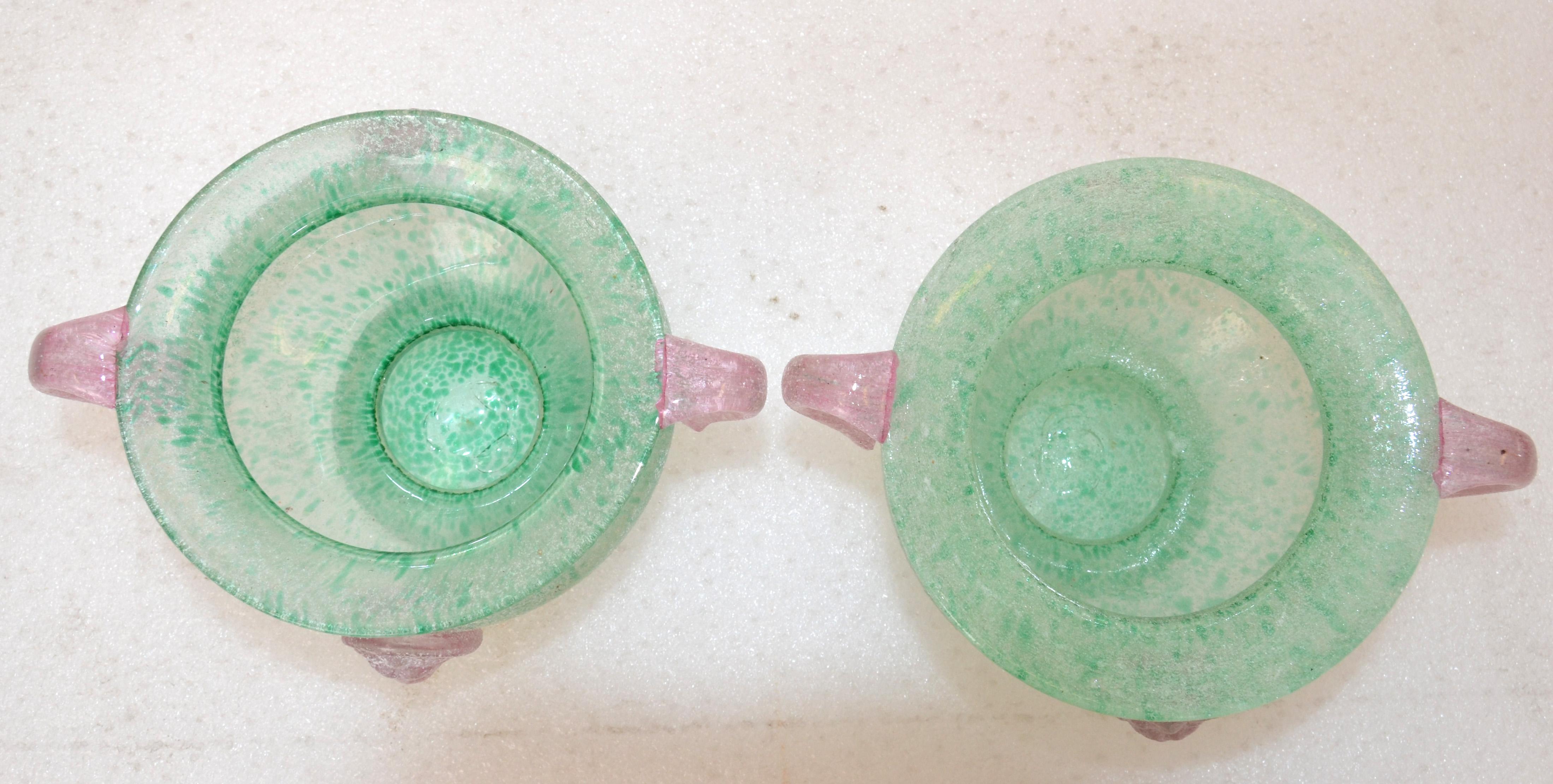 2 Italian Frosted Pink & Mint Green Scavo Glass Wheat Vases, Vessel, Italy 1980 For Sale 2