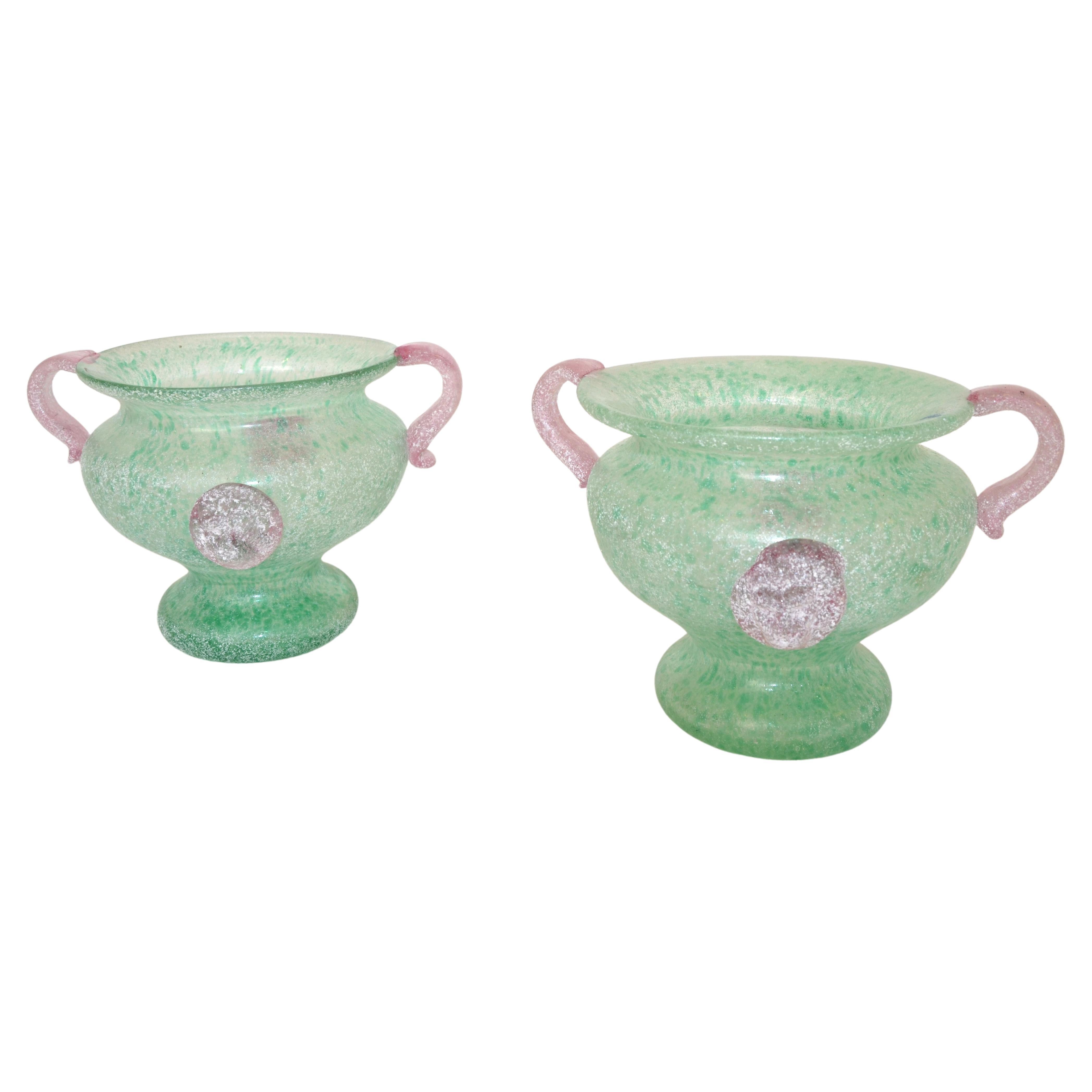 2 Italian Frosted Pink & Mint Green Scavo Glass Wheat Vases, Vessel, Italy 1980 For Sale
