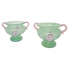 2 Italian Frosted Pink & Mint Green Scavo Glass Wheat Vases, Vessel, Italy 1980