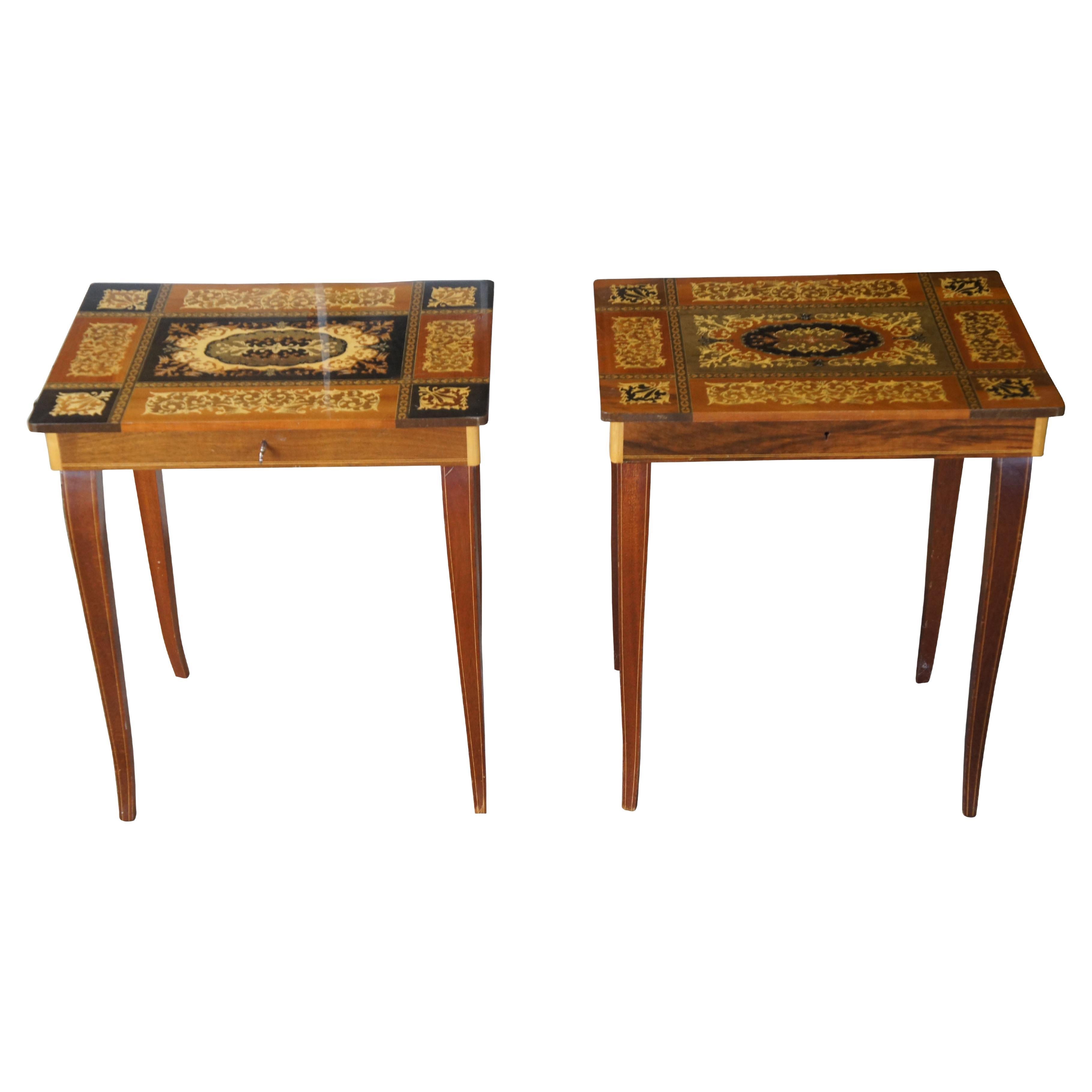 2 Italian Inlaid Marquetry Musical Side Tables Pair Santa Lucia Music Box For Sale