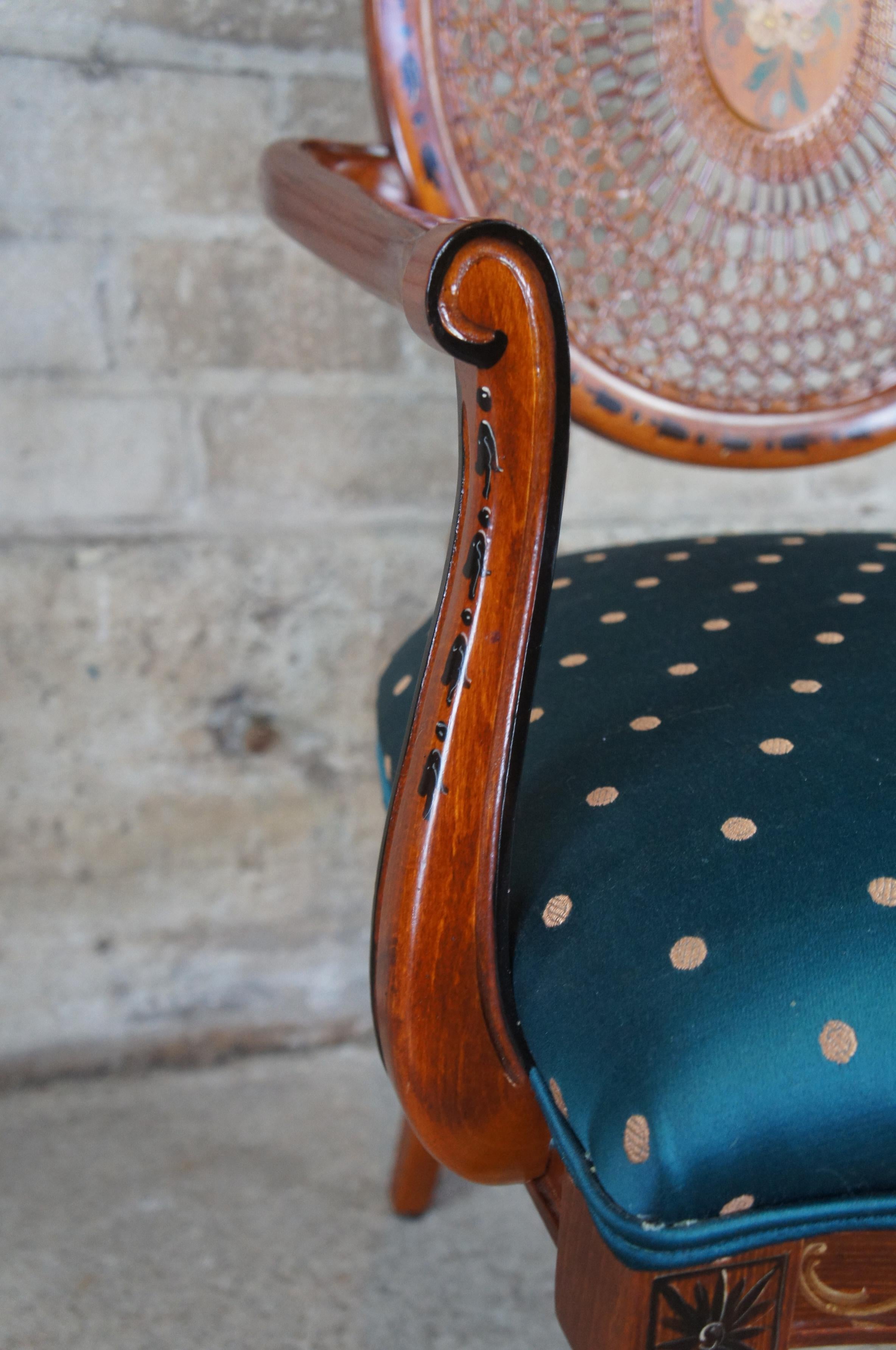 2 Italian Louis XVI Pulaski Furniture Wheelback Hand Painted Caned Arm Chairs In Good Condition In Dayton, OH
