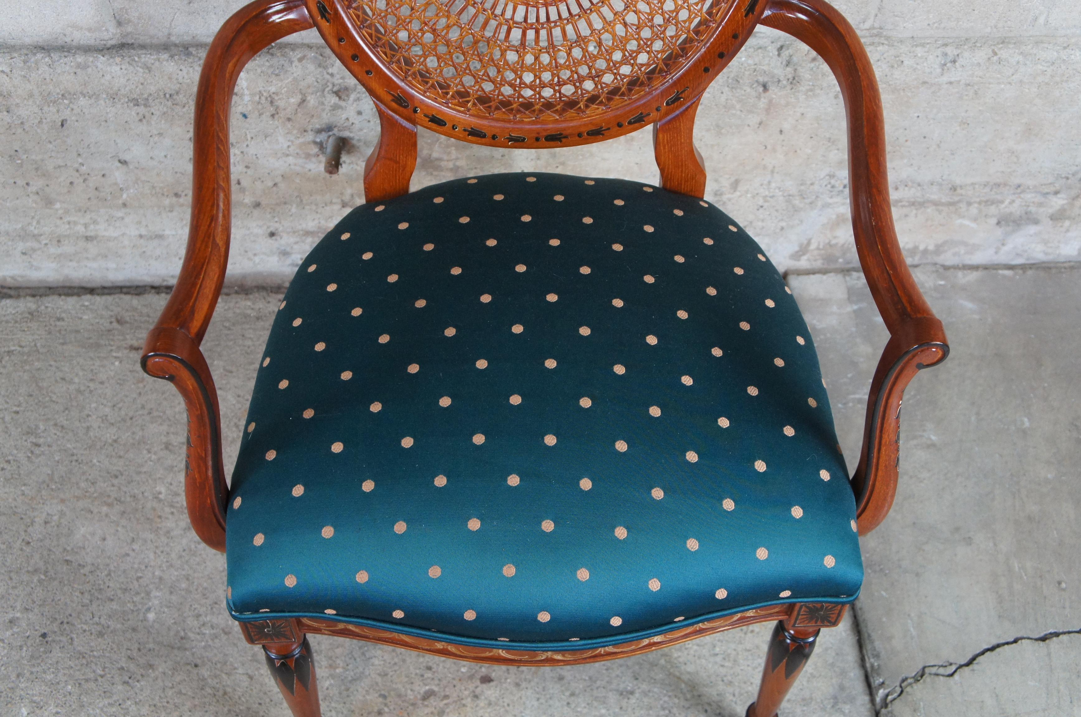 Upholstery 2 Italian Louis XVI Pulaski Furniture Wheelback Hand Painted Caned Arm Chairs