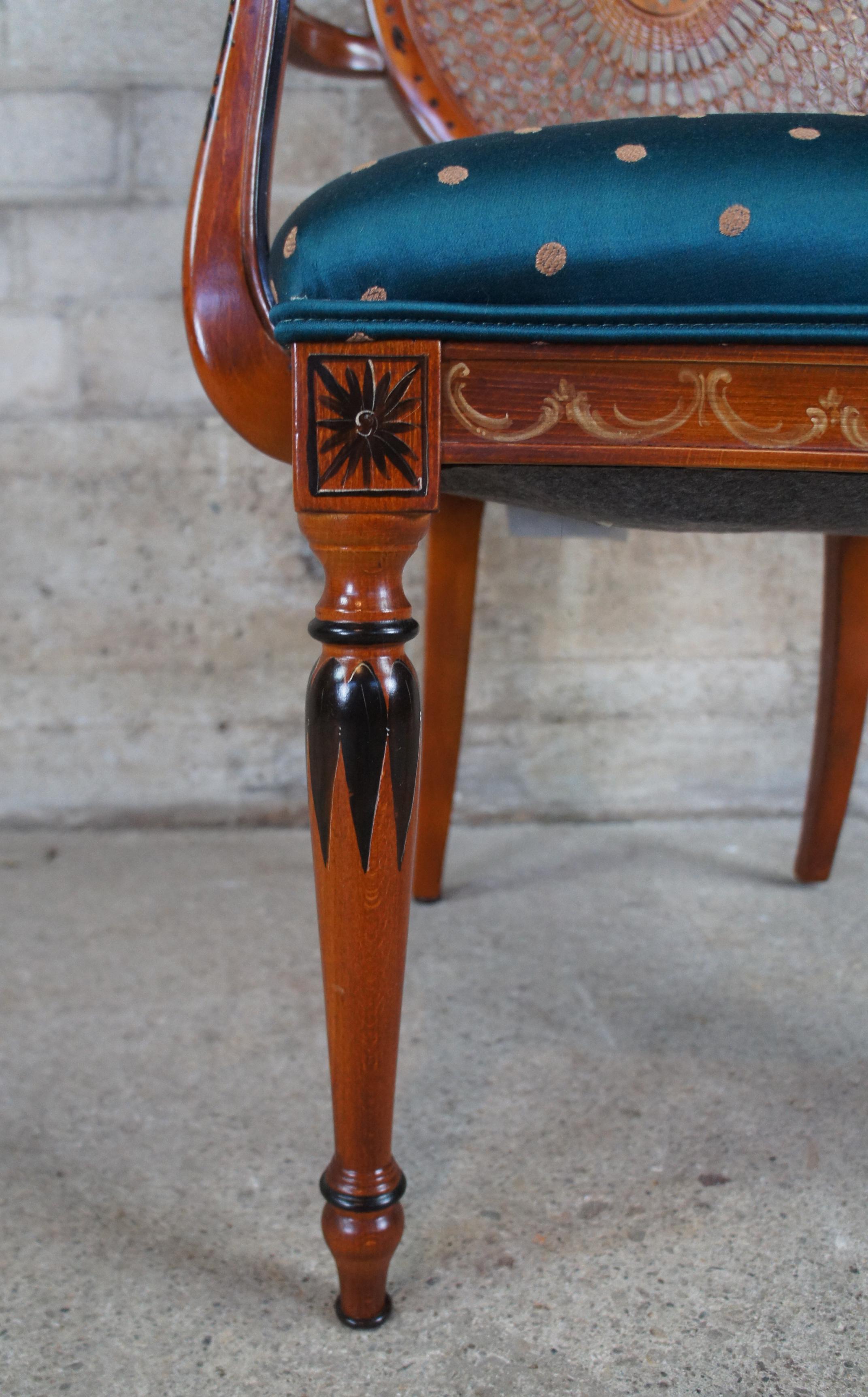 2 Italian Louis XVI Pulaski Furniture Wheelback Hand Painted Caned Arm Chairs 1