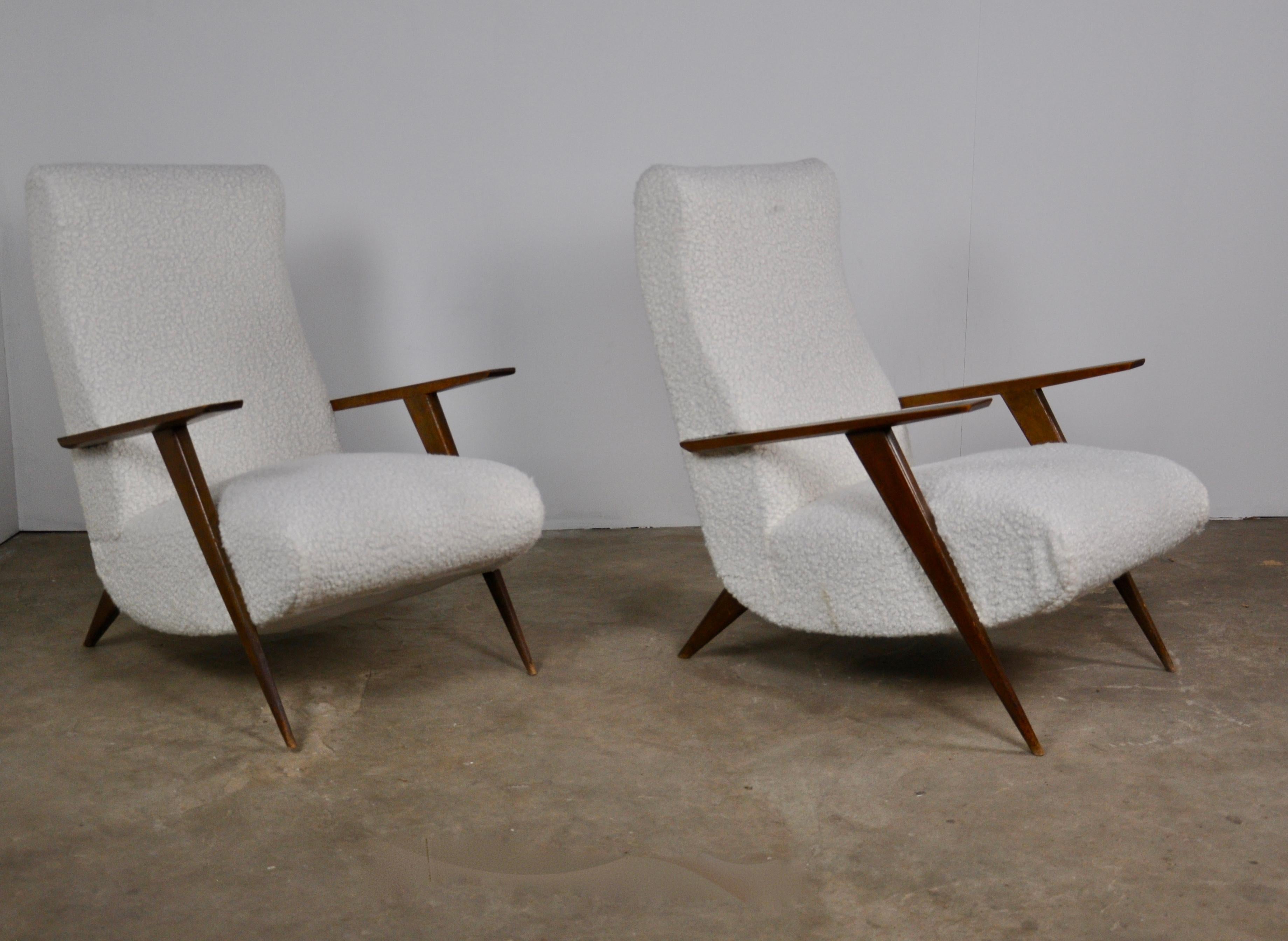 Pairs of Italian armchairs. White wool fabrics in very good condition
 wooden base.