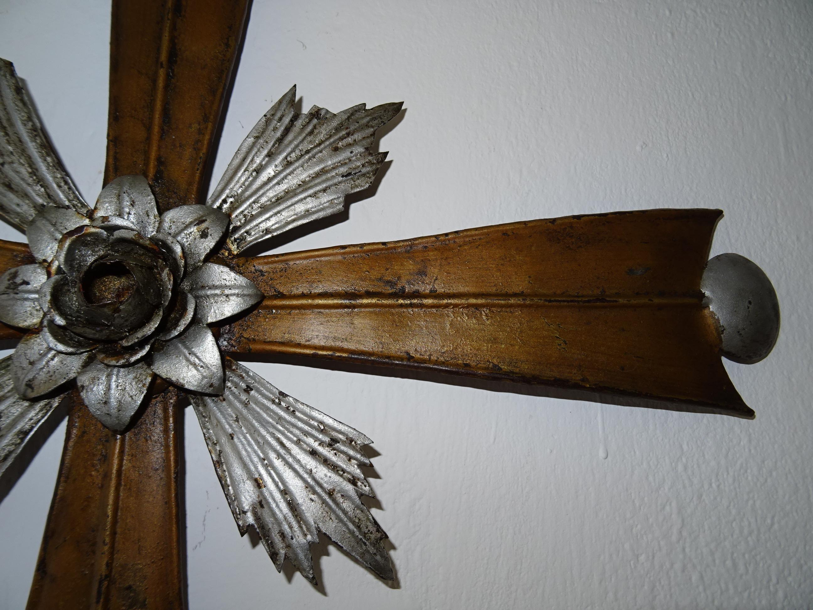 2 Italian Metal Tole Cross Rose Wall Decorations Stations of the Cross, c 1850 4