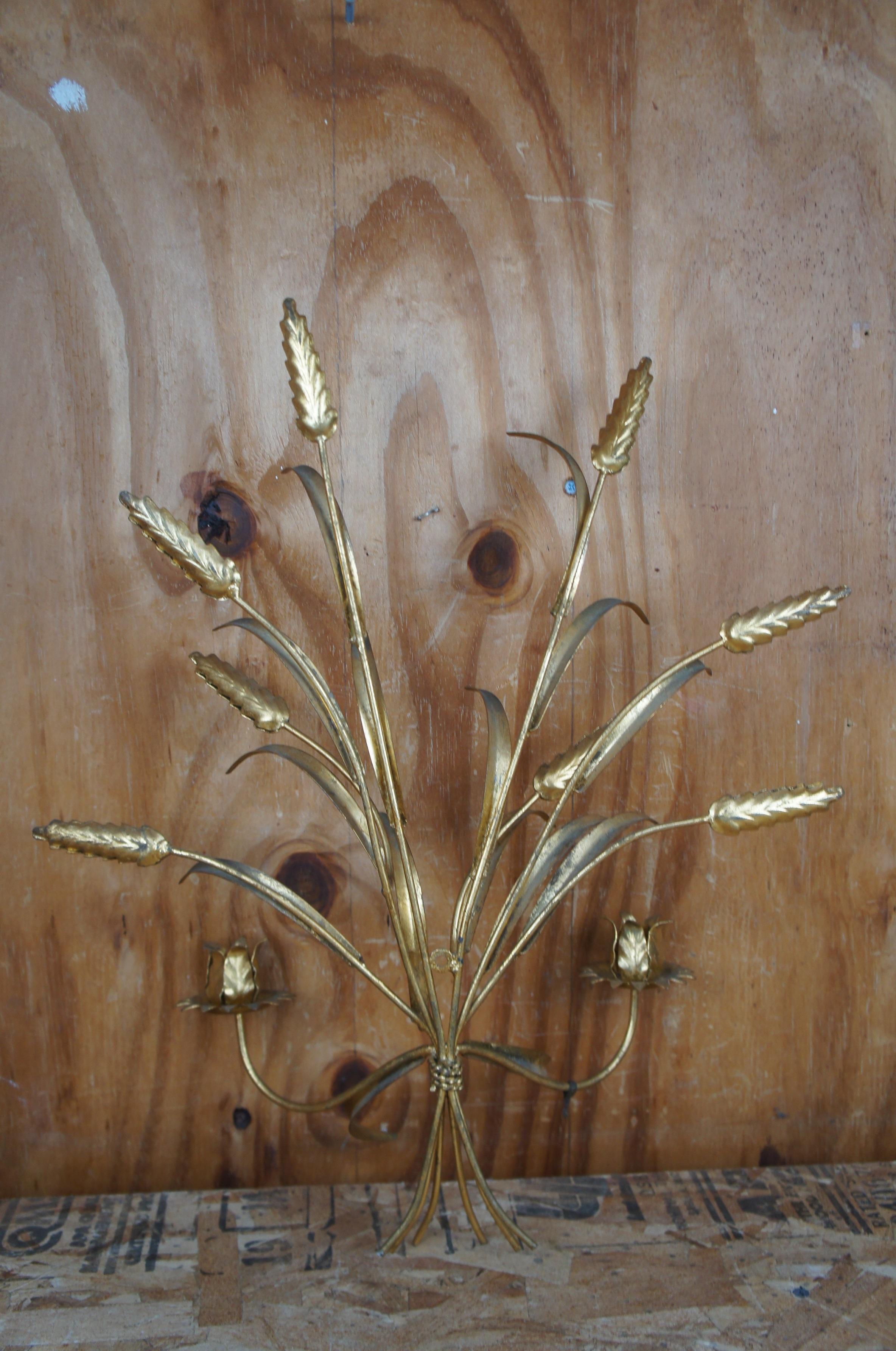 2 Italian Mid Century Hollywood Regency Gold Wheat Sheaf Candle Wall Sconces 1