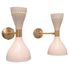 2 Italian Mid-Century Modern Stilnovo Style White Enamel Metal and Brass Sconces