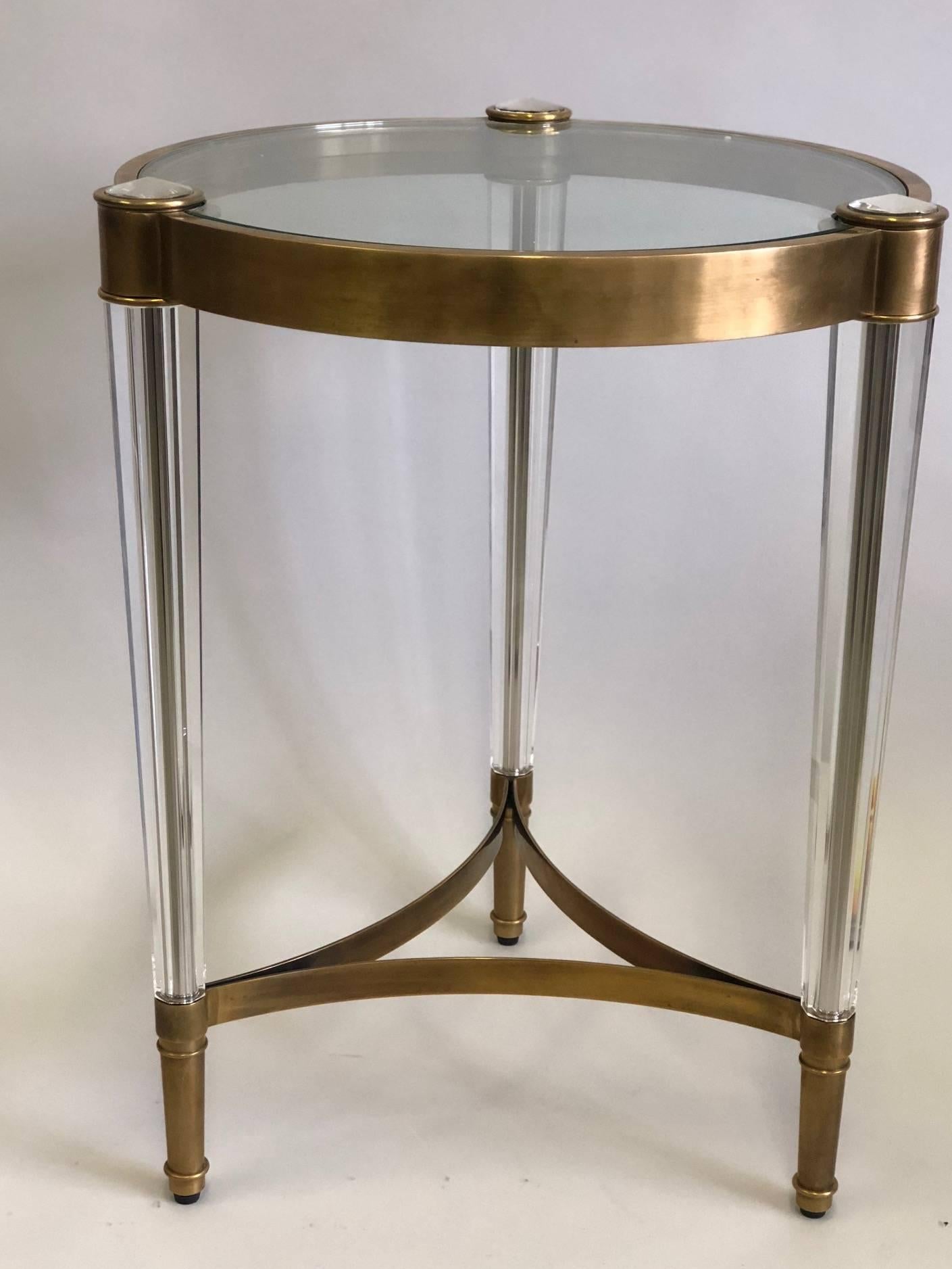 Pair of exquisite Italian midcentury style end tables in the modern neoclassical spirit and in the great tradition of Venetian glass making in furniture, rarely seen today. The tables are composed of solid lead crystal legs with a flawless, solid