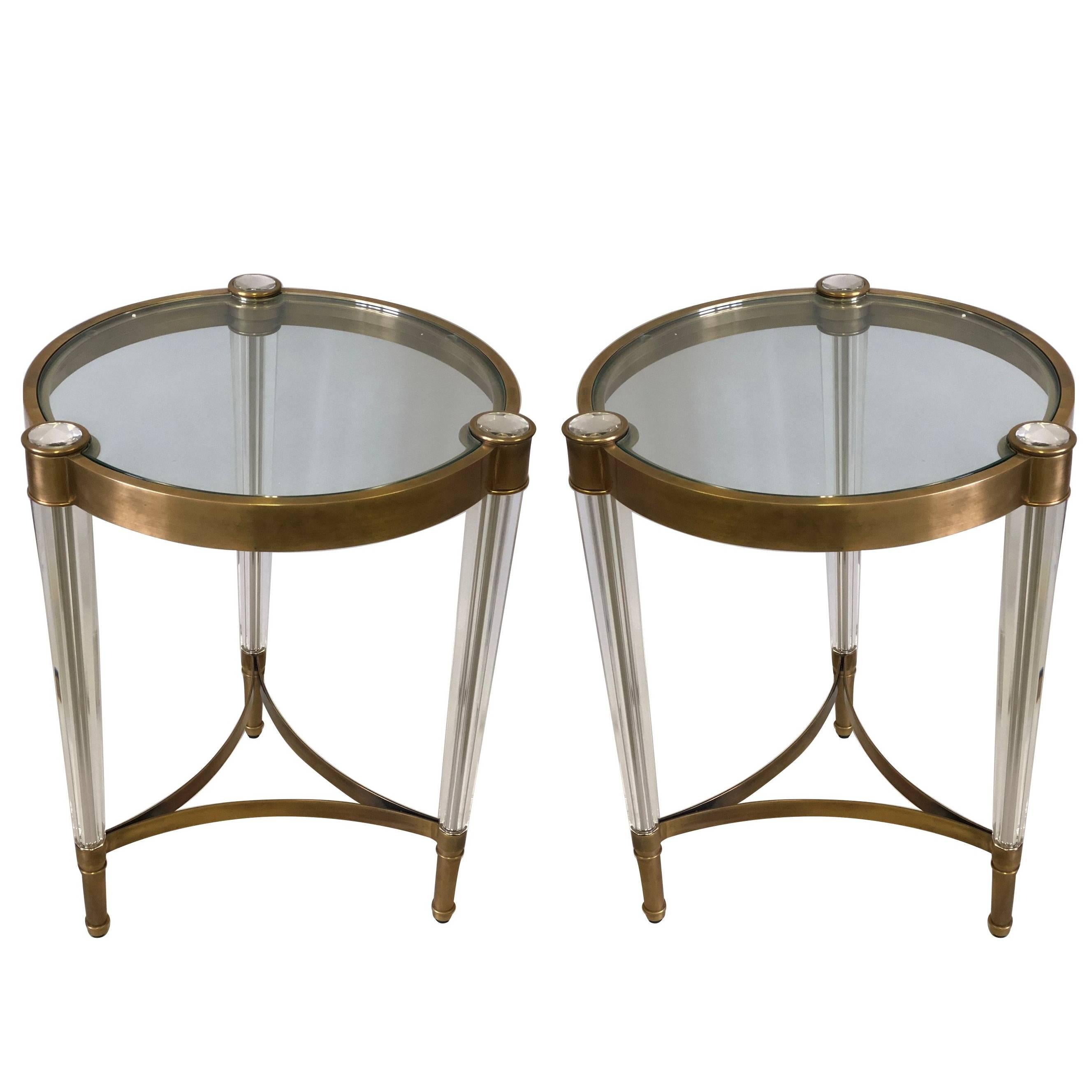 Midcentury Style Solid Brass & Crystal Side Tables, Attributed to Baccarat 2