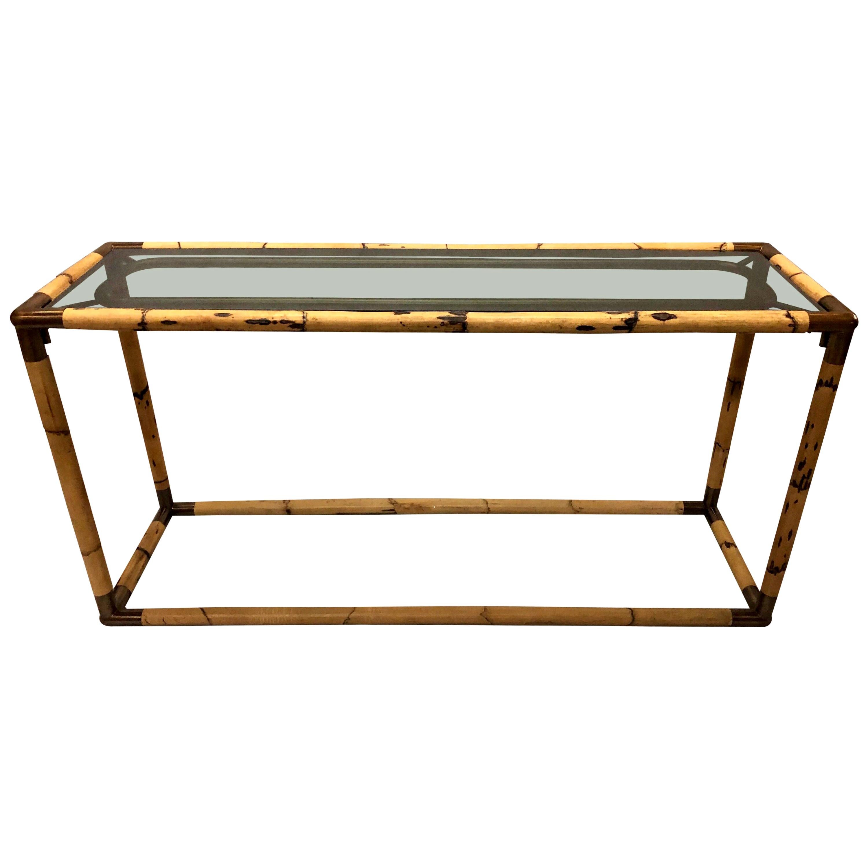 Italian Midcentury Bamboo and Rattan & Glass Console or Sofa Table by Banci