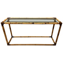 Retro Italian Midcentury Bamboo and Rattan & Glass Console or Sofa Table by Banci