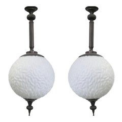 2 Italian Modern Neoclassical Brass & Milk Glass Ball Pendants / Flush Mounts