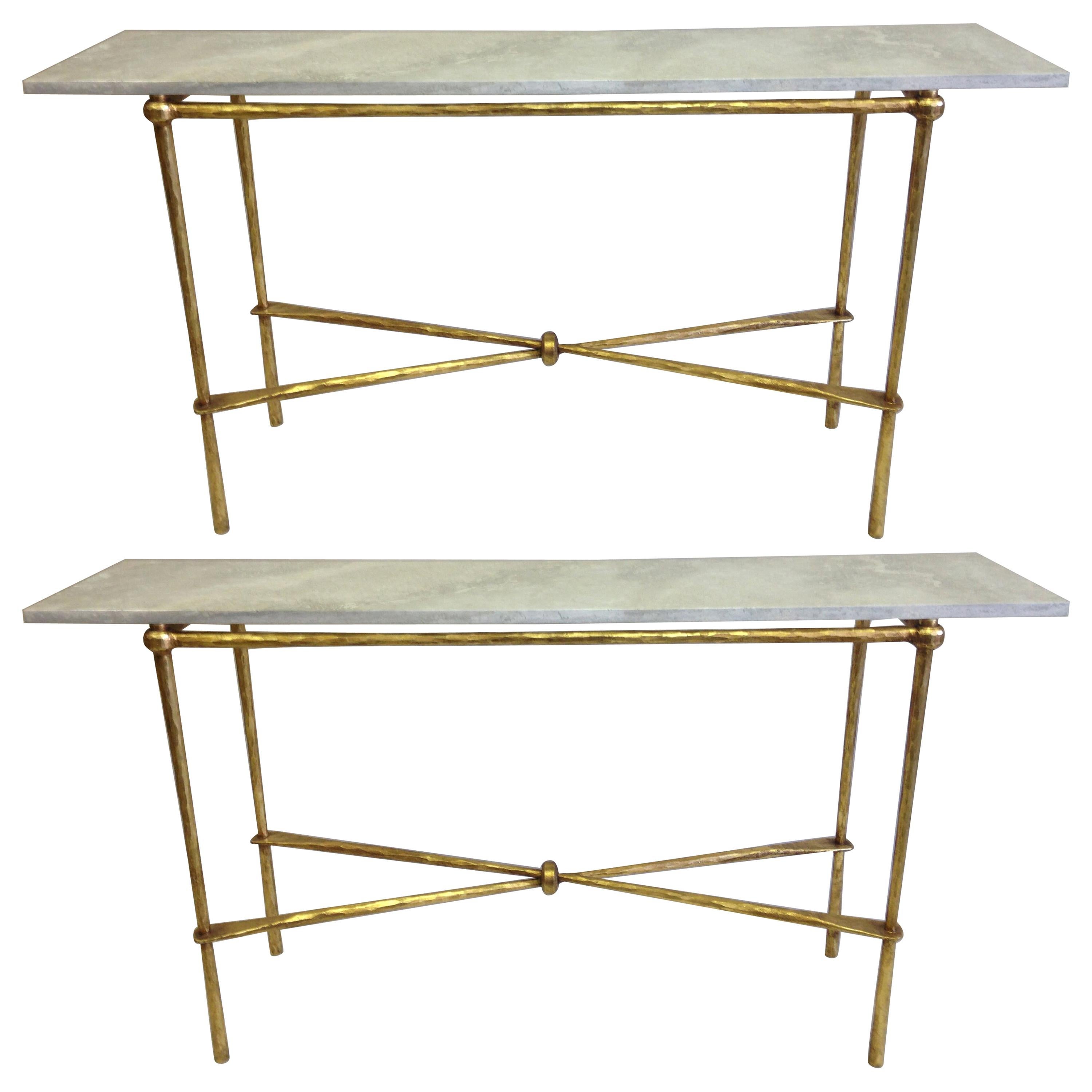 2 Italian Modern Neoclassical Gilt Iron Consoles by Giovanni Banci for Hermes