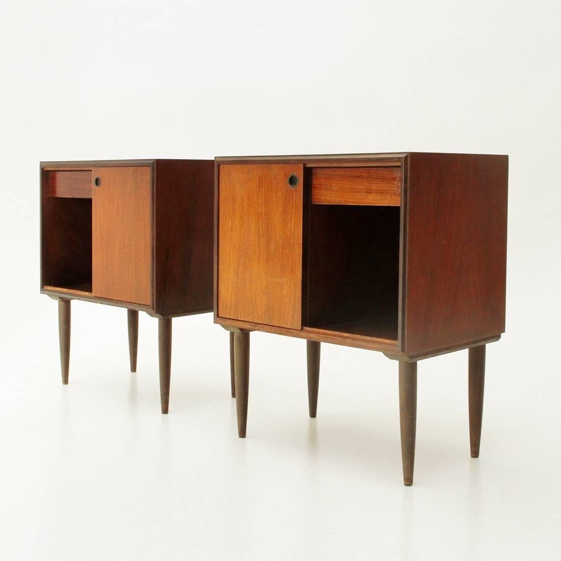 Mid-20th Century Two Italian Teak Nightstands with Drawer, 1950s