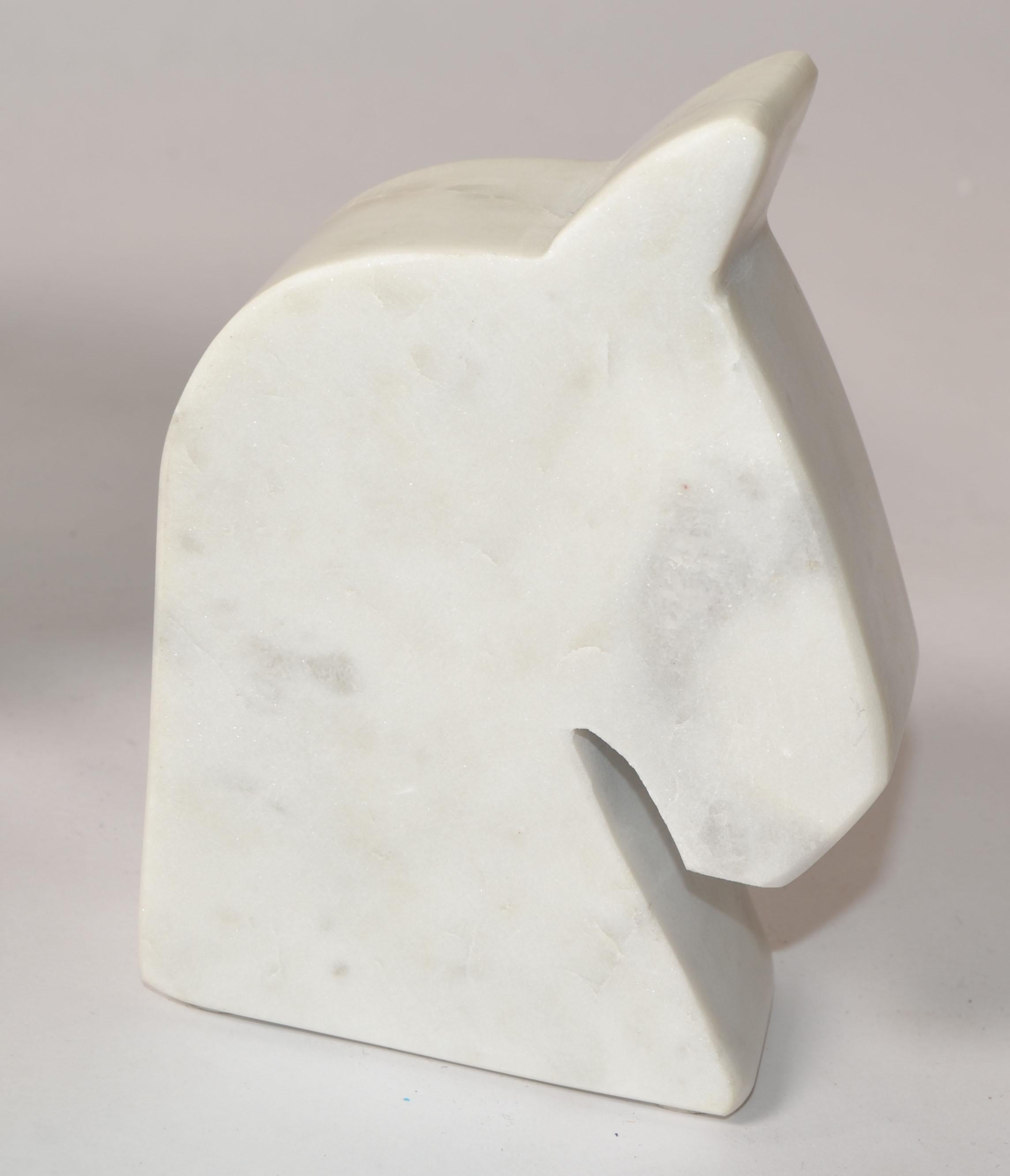 2 Italian White Carrara Marble Horse Head Shaped Animal Bookends Objects of Art For Sale 5
