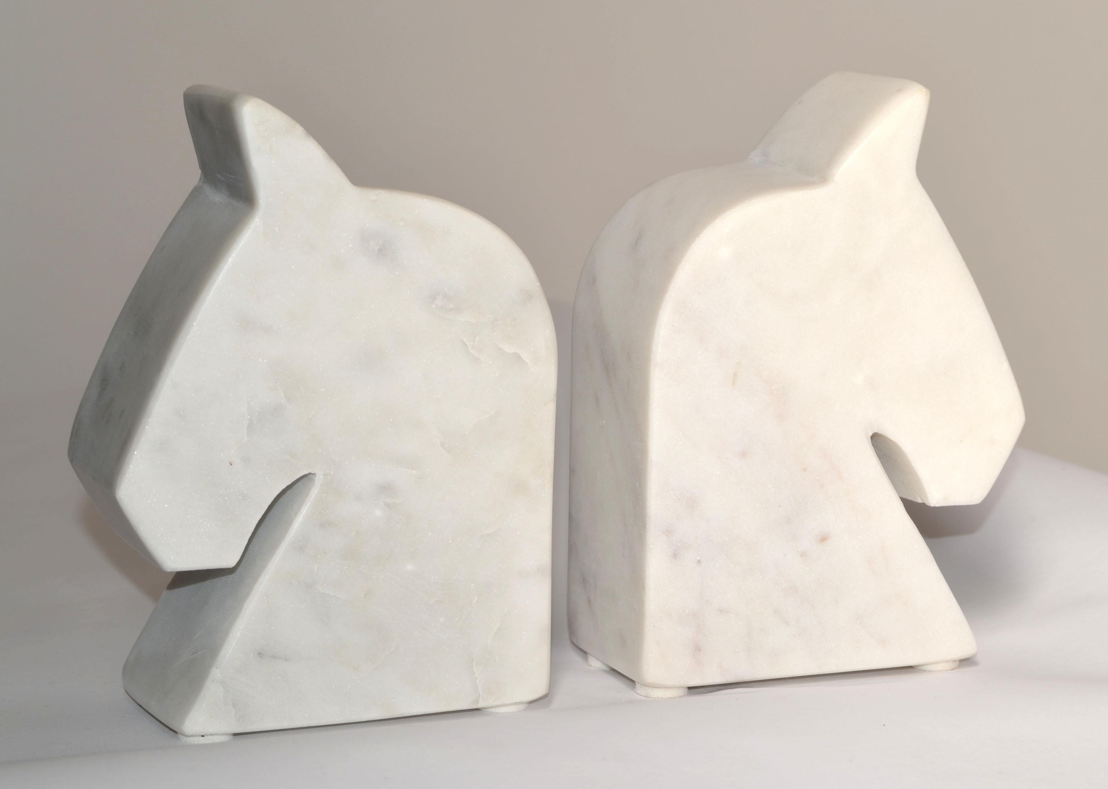 2 Italian White Carrara Marble Horse Head Shaped Animal Bookends Objects of Art For Sale 6