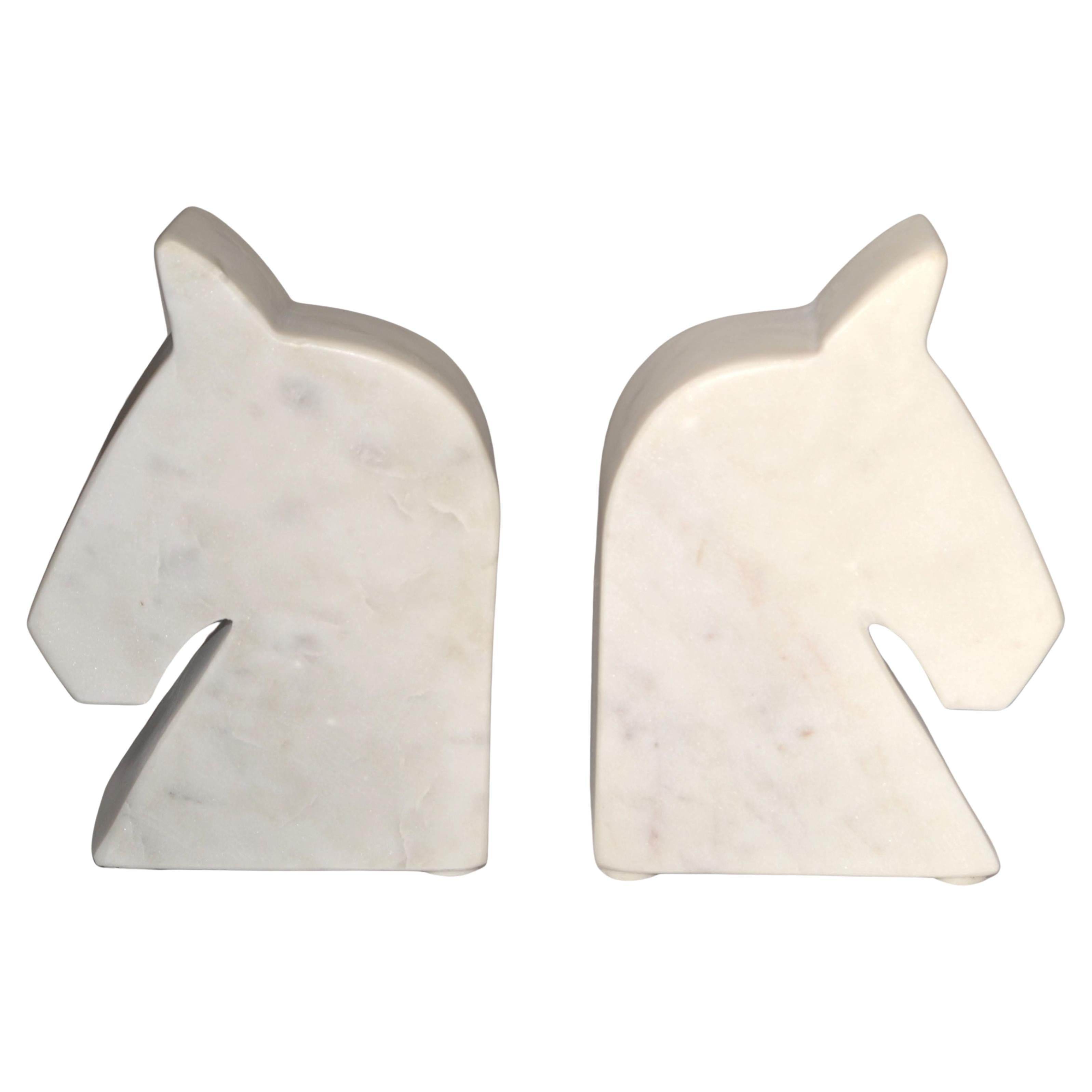 2 Italian White Carrara Marble Horse Head Shaped Animal Bookends Objects of Art For Sale 7