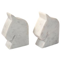 2 Italian White Carrara Marble Horse Head Shaped Animal Bookends Objects of Art