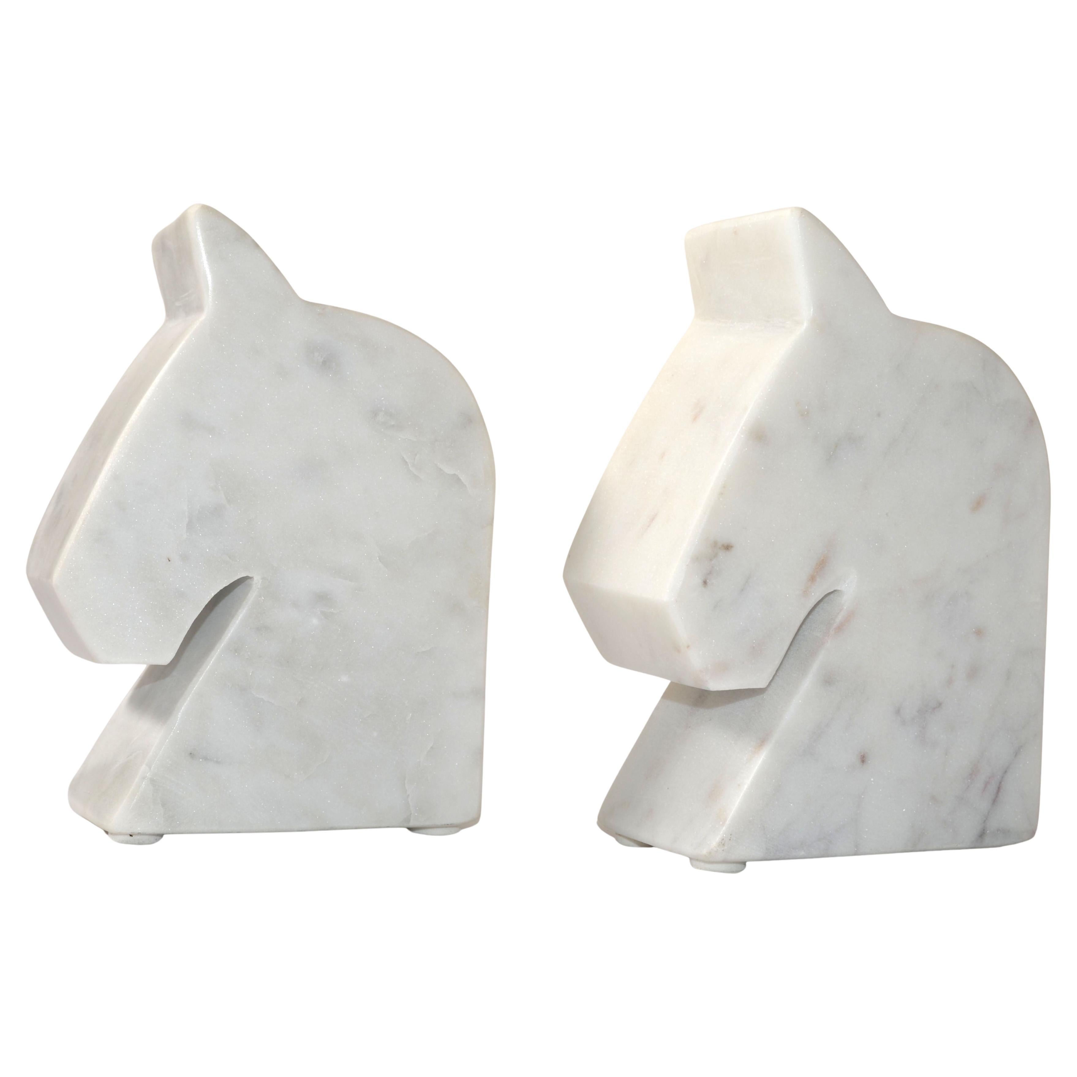 Mid-Century Modern 2 Italian White Carrara Marble Horse Head Shaped Animal Bookends Objects of Art For Sale