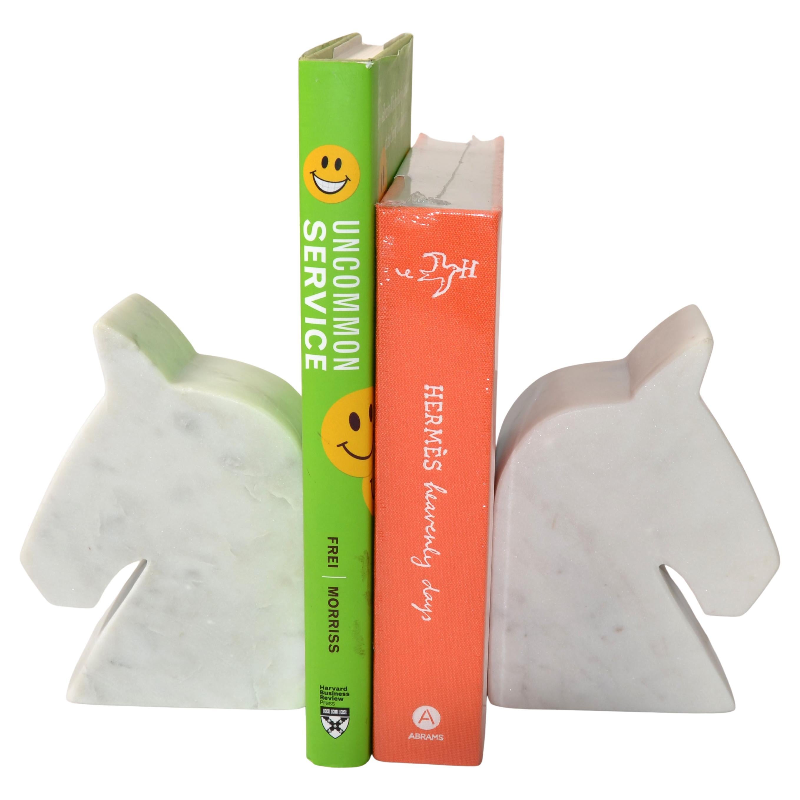 2 Italian White Carrara Marble Horse Head Shaped Animal Bookends Objects of Art