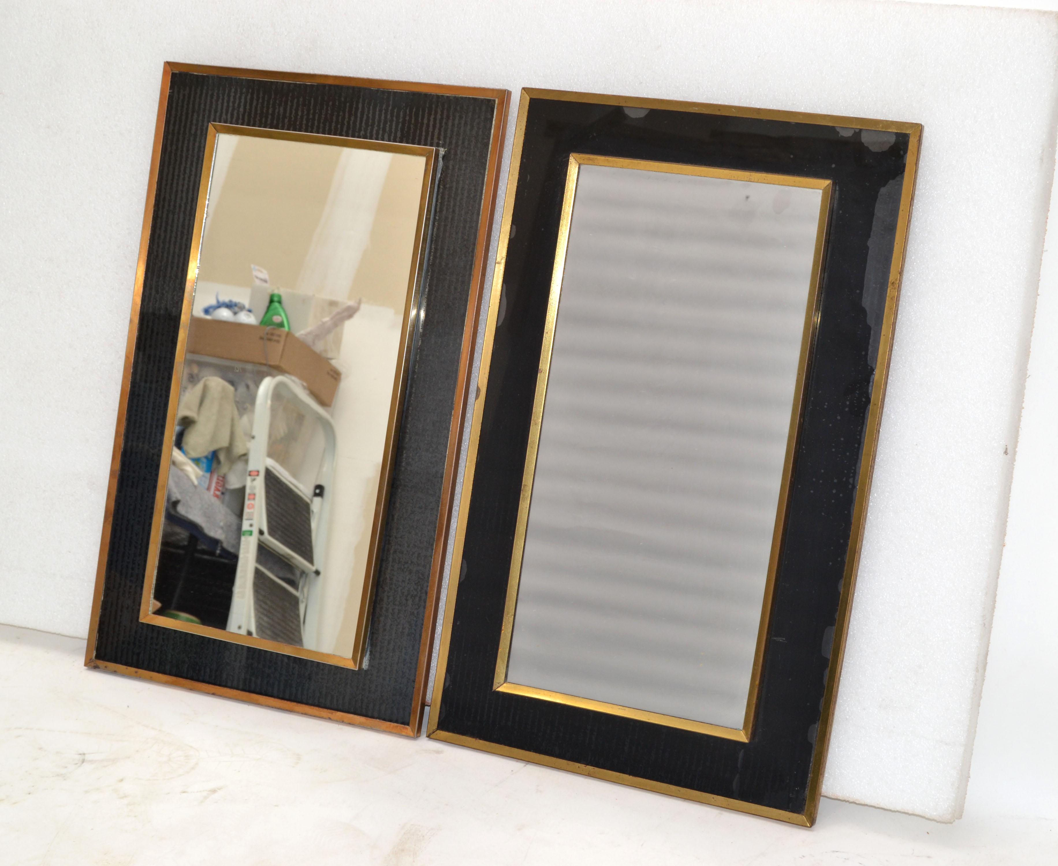 2 Jacques Adnet Style French 1950s Wall Mirror Brass & Black Opaline Glass Frame 4