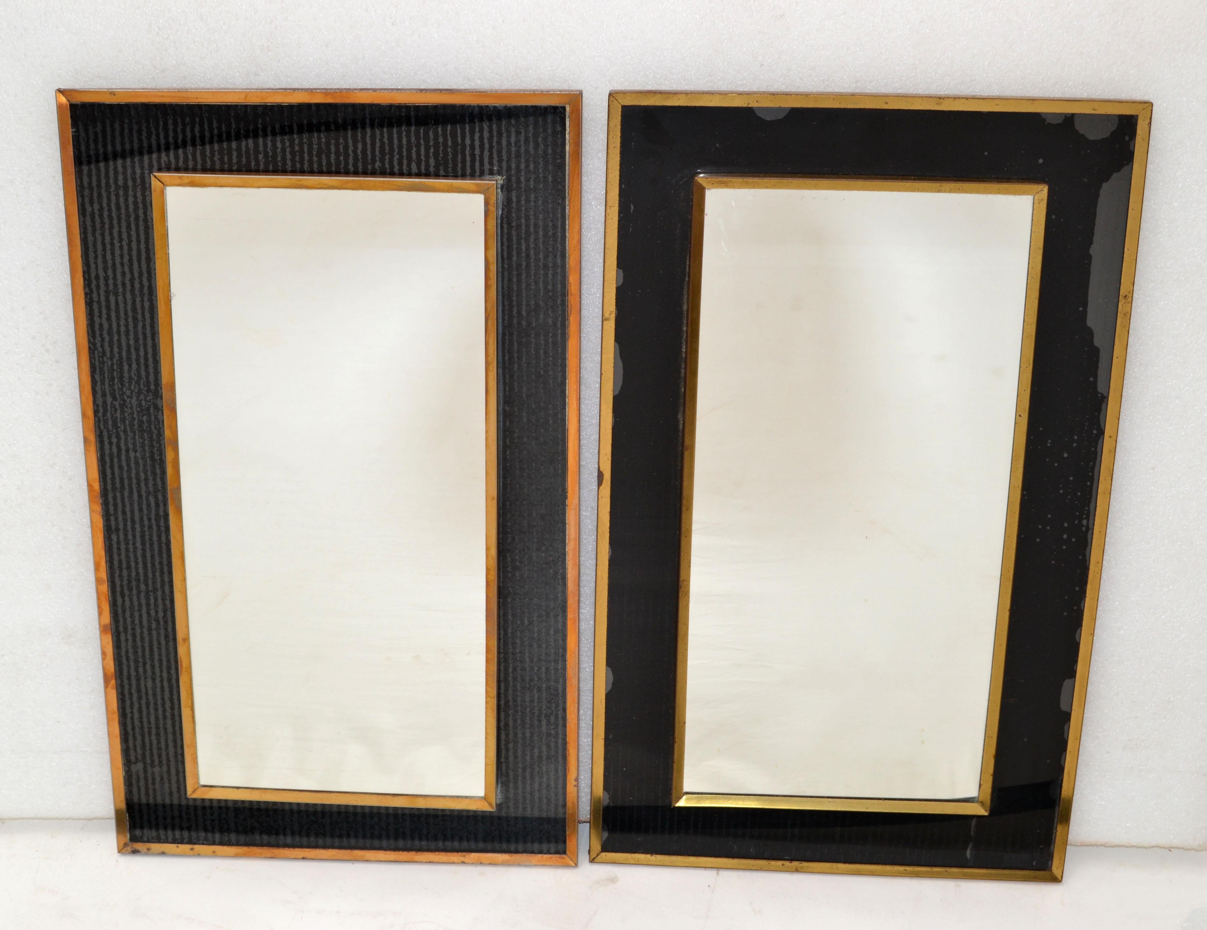 2 Jacques Adnet Style French 1950s Wall Mirror Brass & Black Opaline Glass Frame 9