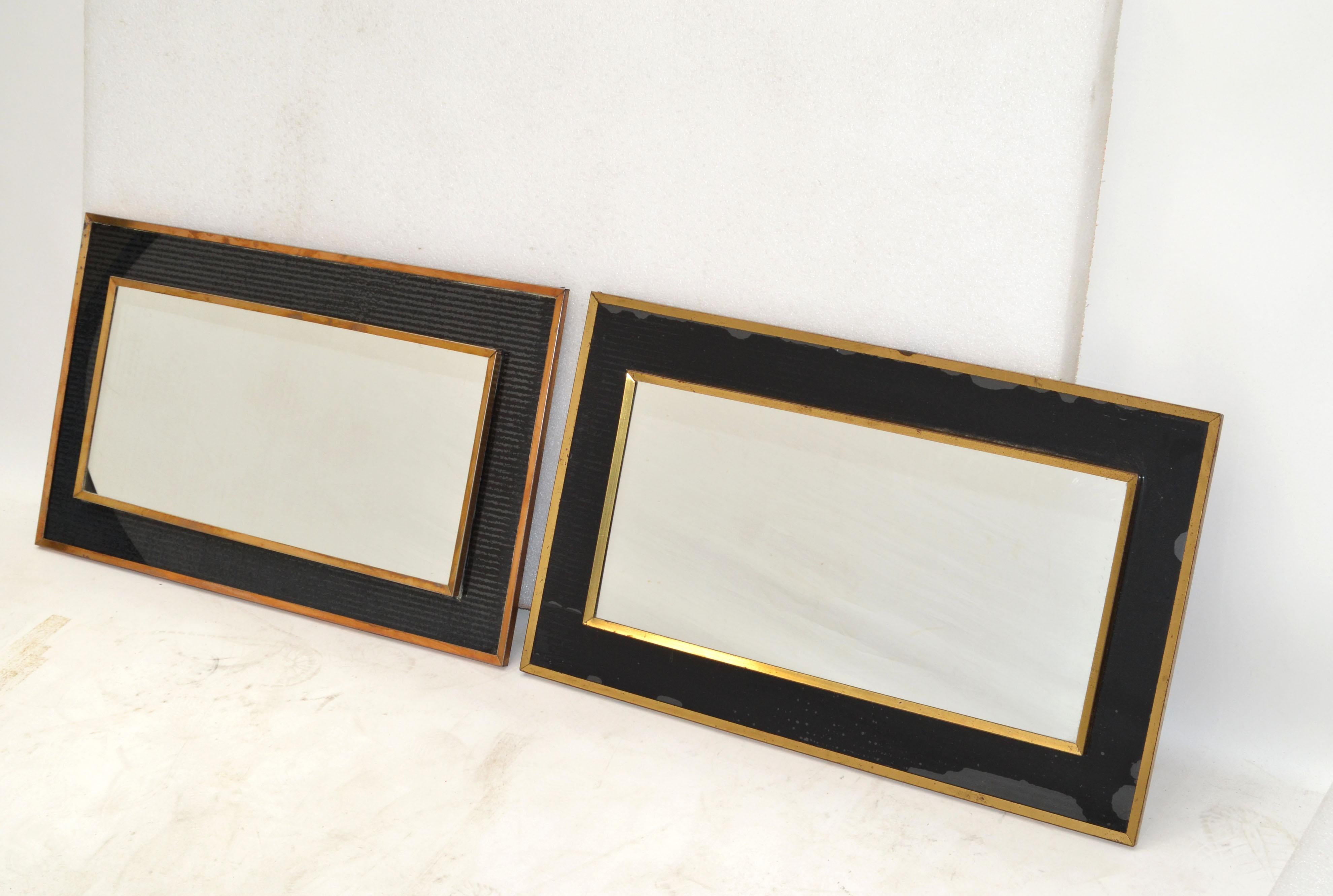 Mid-Century Modern 2 Jacques Adnet Style French 1950s Wall Mirror Brass & Black Opaline Glass Frame