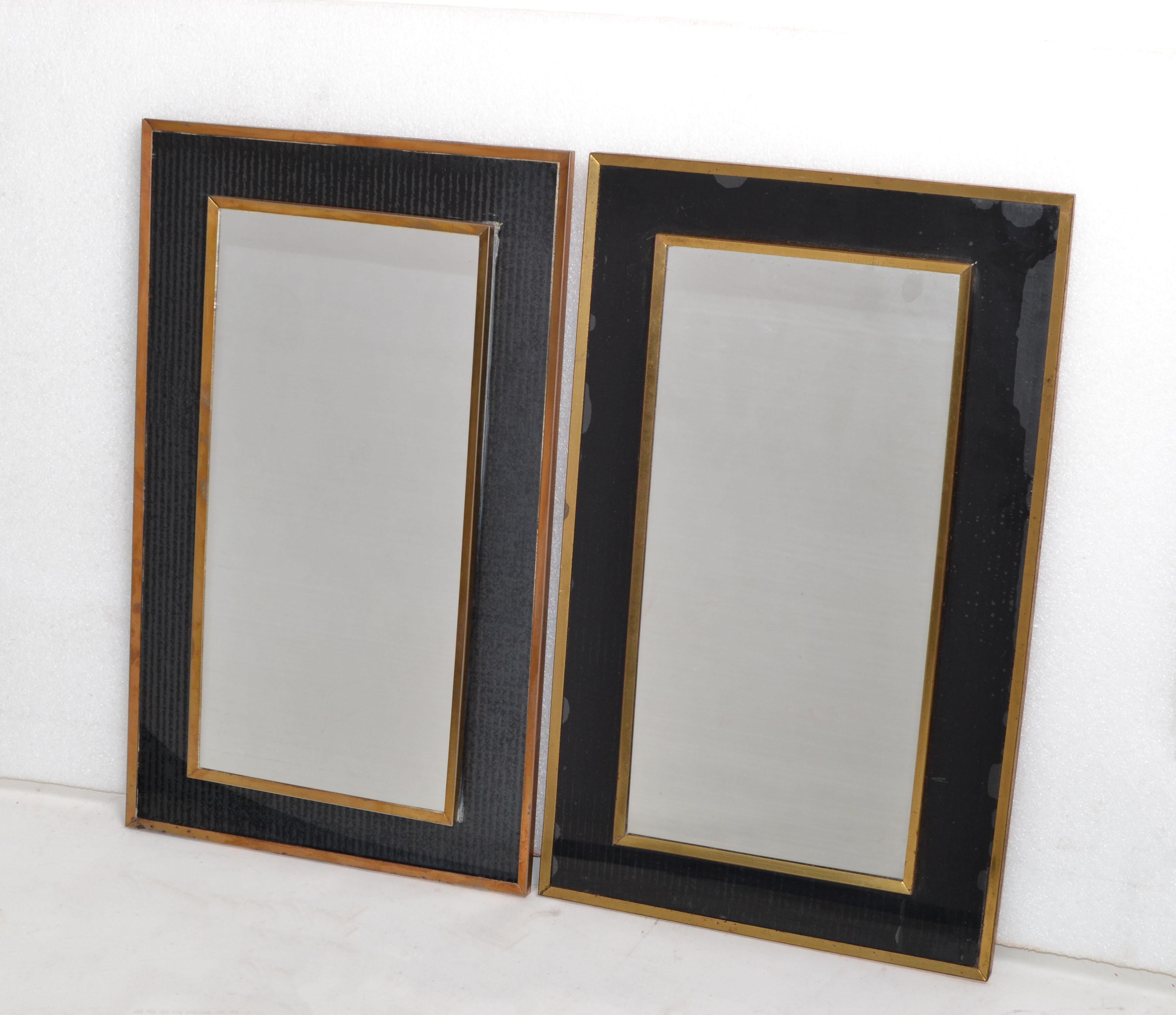 Patinated 2 Jacques Adnet Style French 1950s Wall Mirror Brass & Black Opaline Glass Frame