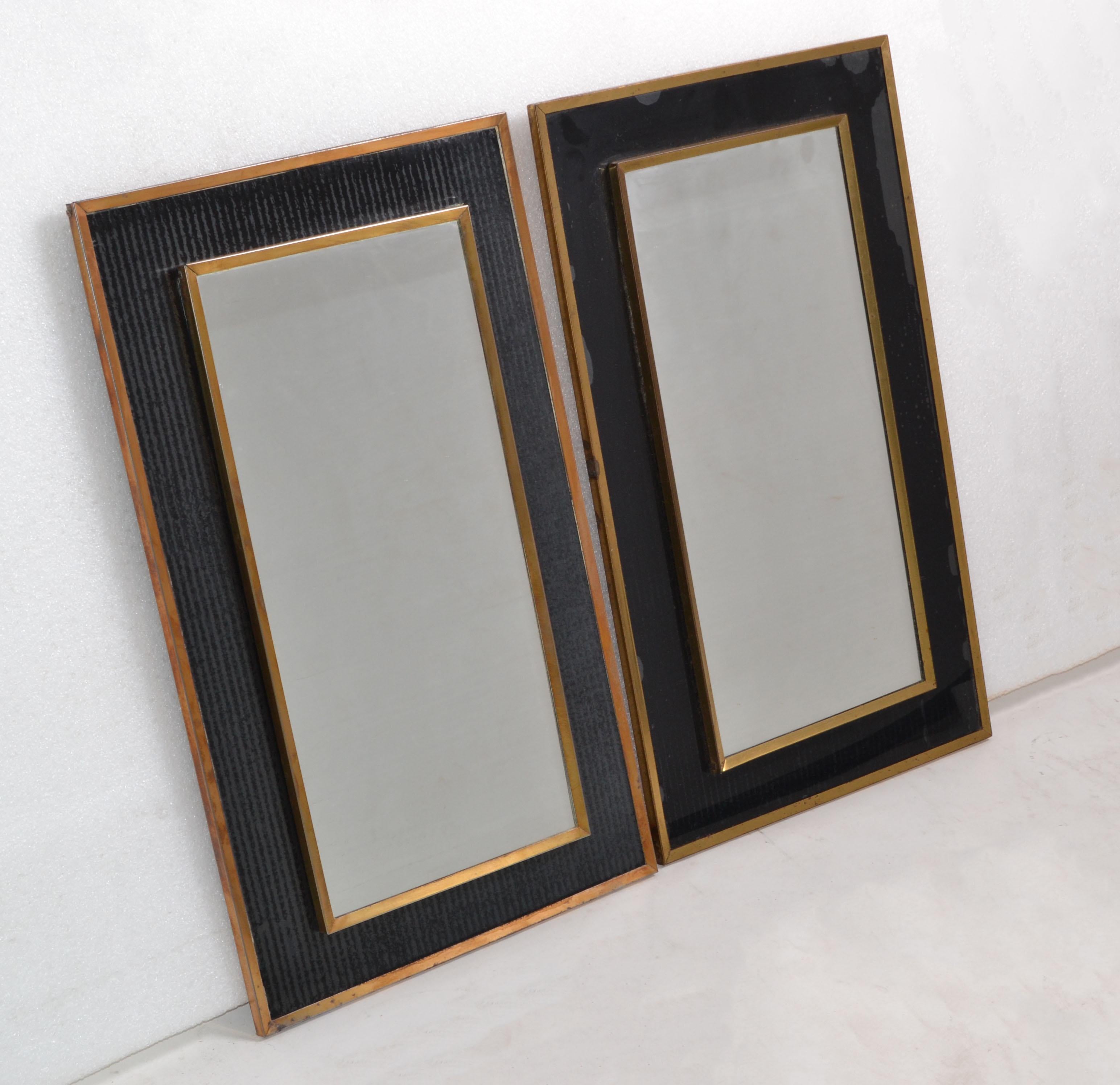 2 Jacques Adnet Style French 1950s Wall Mirror Brass & Black Opaline Glass Frame In Fair Condition In Miami, FL