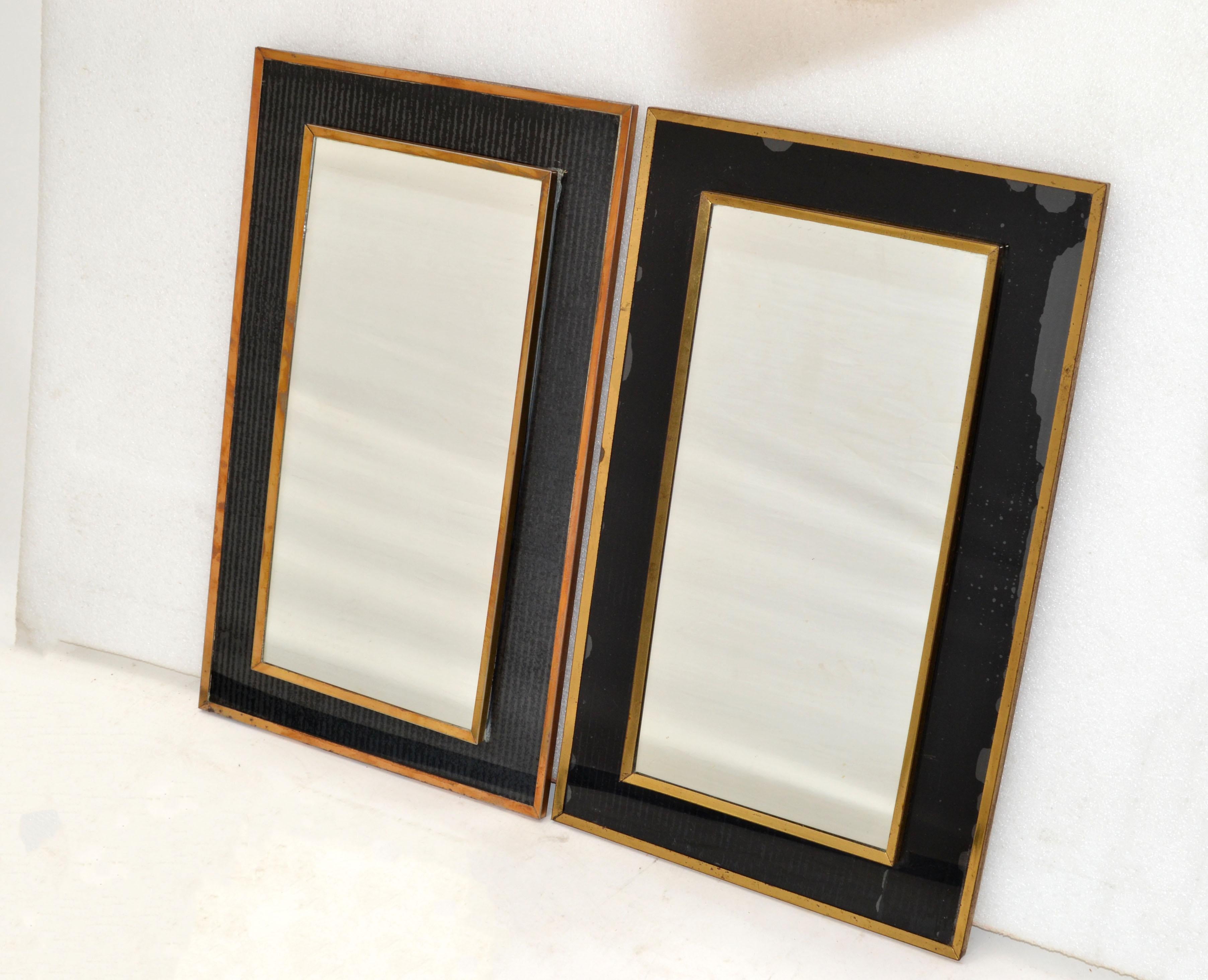 Mid-20th Century 2 Jacques Adnet Style French 1950s Wall Mirror Brass & Black Opaline Glass Frame