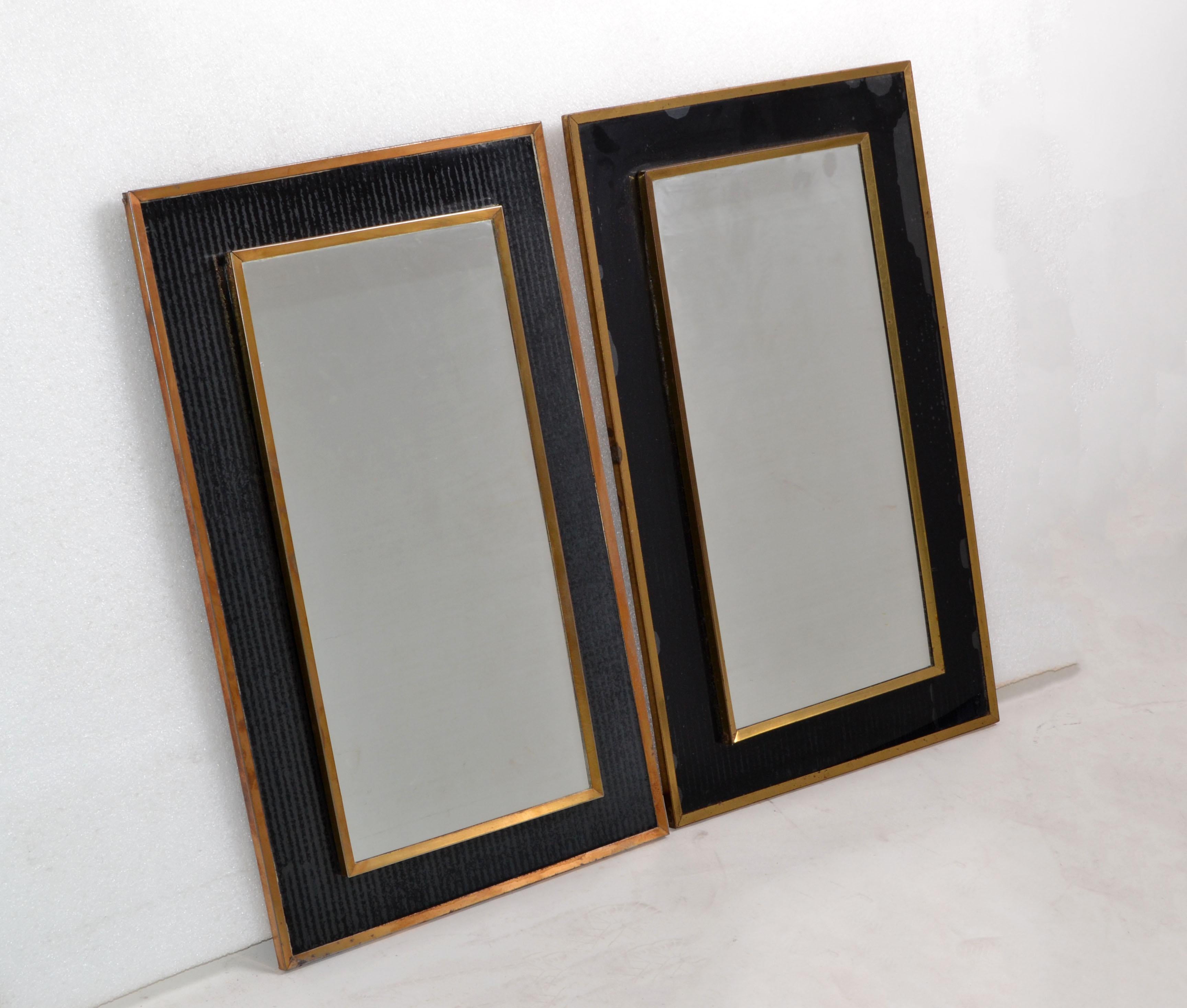 2 Jacques Adnet Style French 1950s Wall Mirror Brass & Black Opaline Glass Frame 1