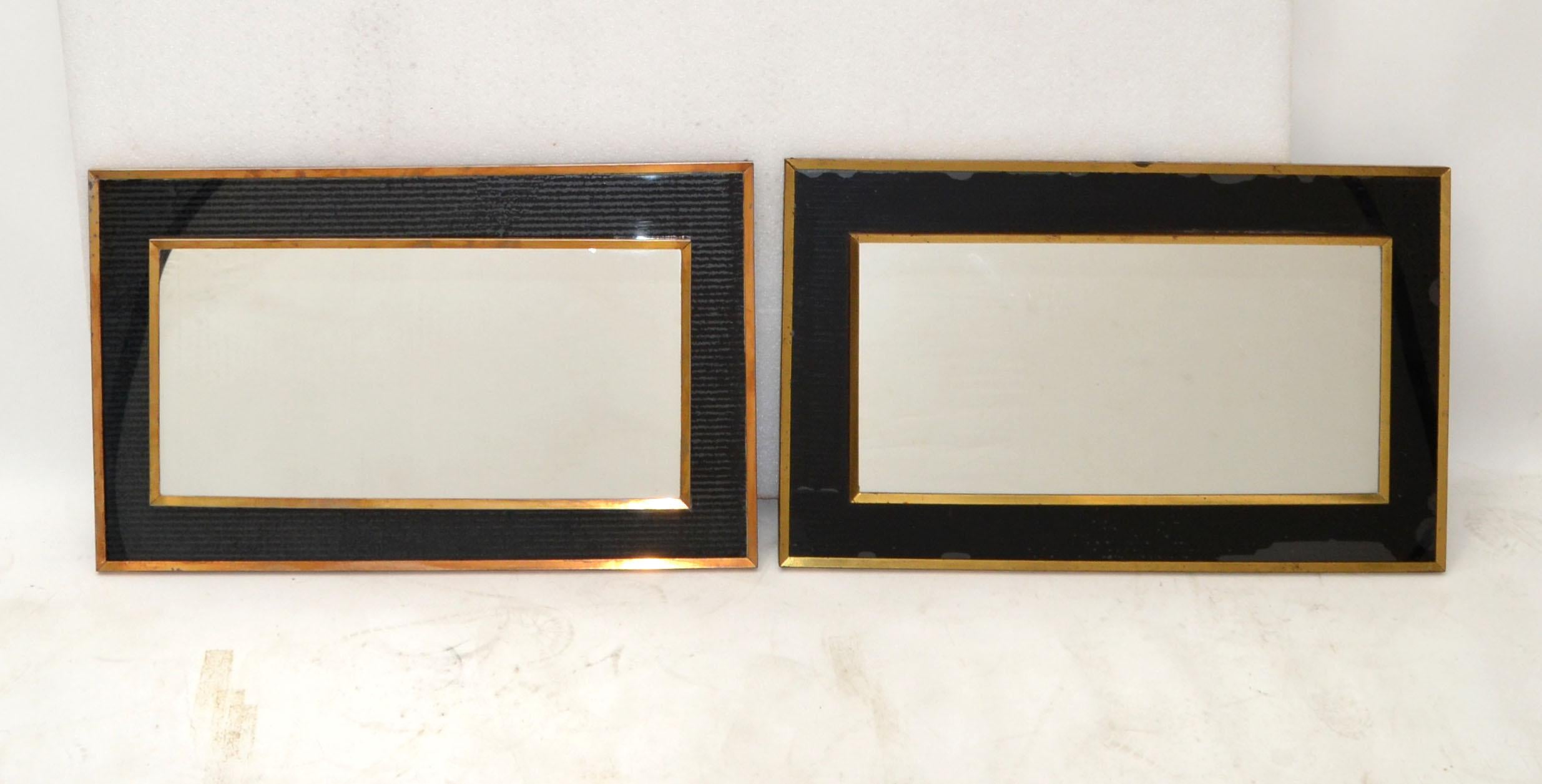 2 Jacques Adnet Style French 1950s Wall Mirror Brass & Black Opaline Glass Frame 2