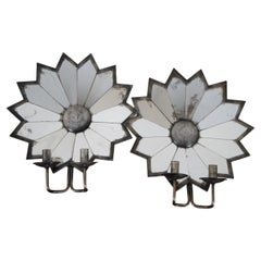 2 Japanese Antiqued Mirrored Tin Sunburst Flower Two Candle Wall Sconce Pair