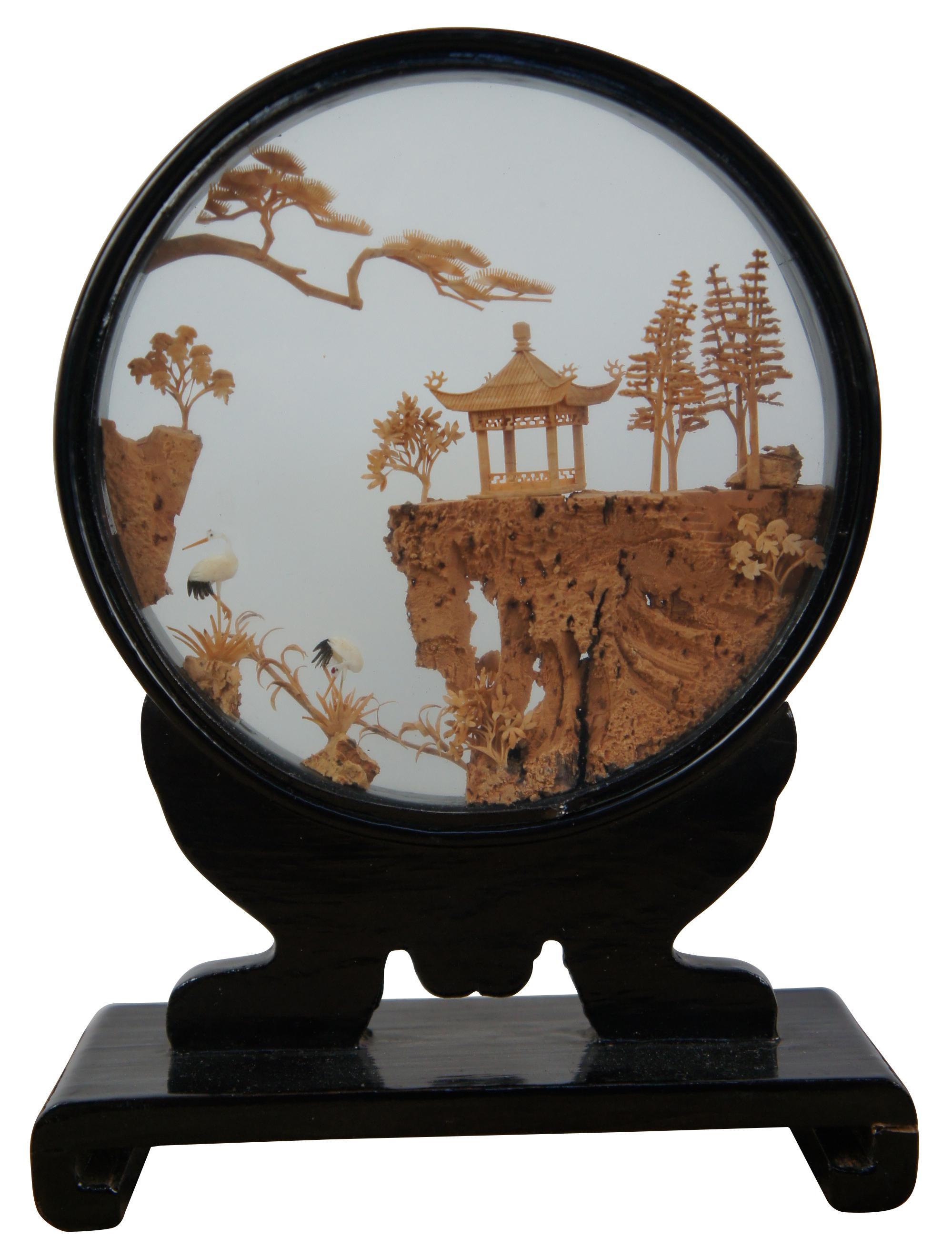 2 Japanese Lacquer Shadow Box Cork Pagoda Diorama Landscape Sculptures ...