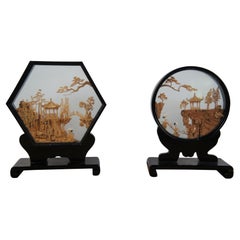 2 Japanese Lacquer Shadow Box Cork Pagoda Diorama Landscape Sculptures