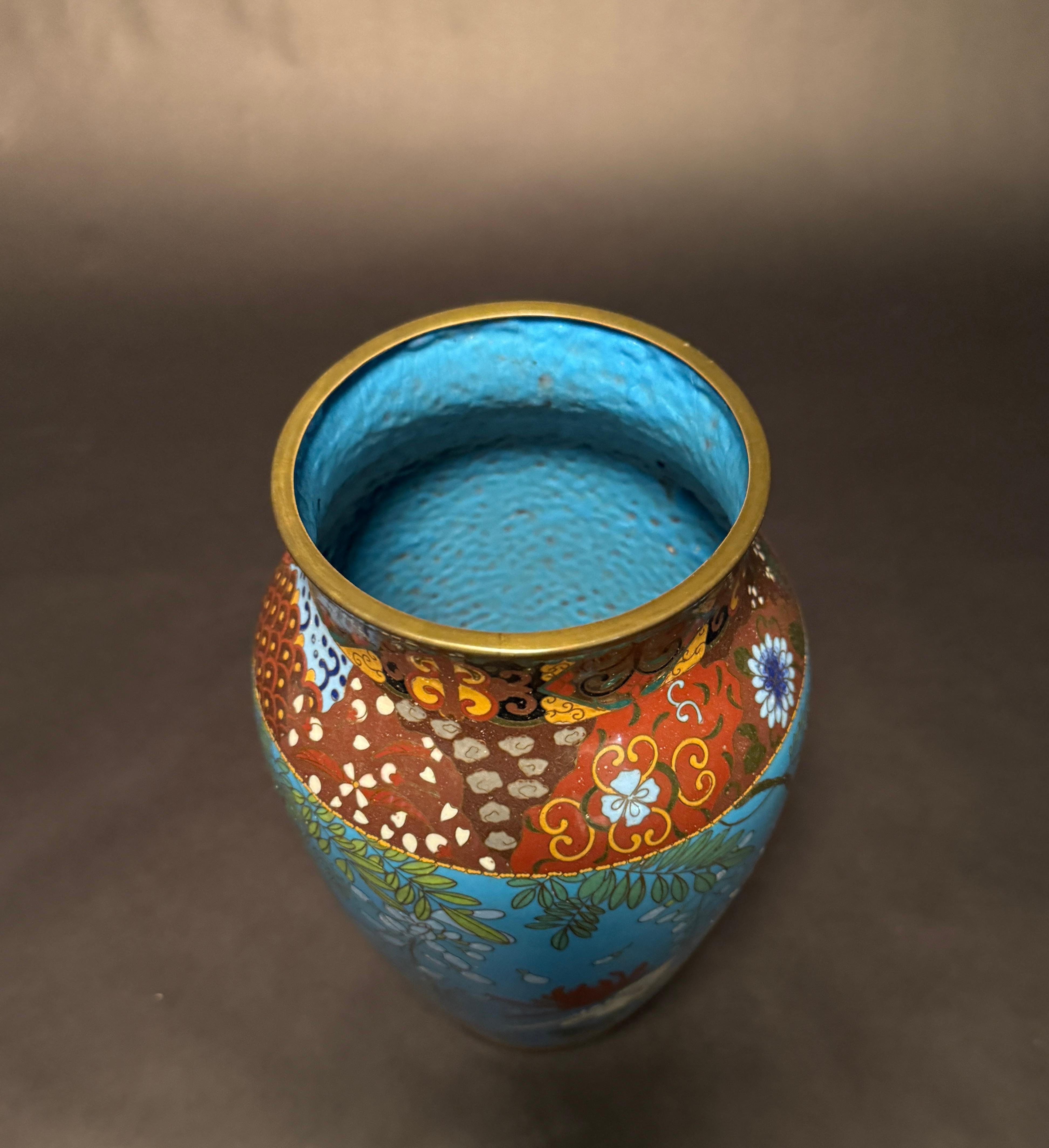 2 Japanese Meiji Period Turquoise Cloisonne Vases For Sale 3